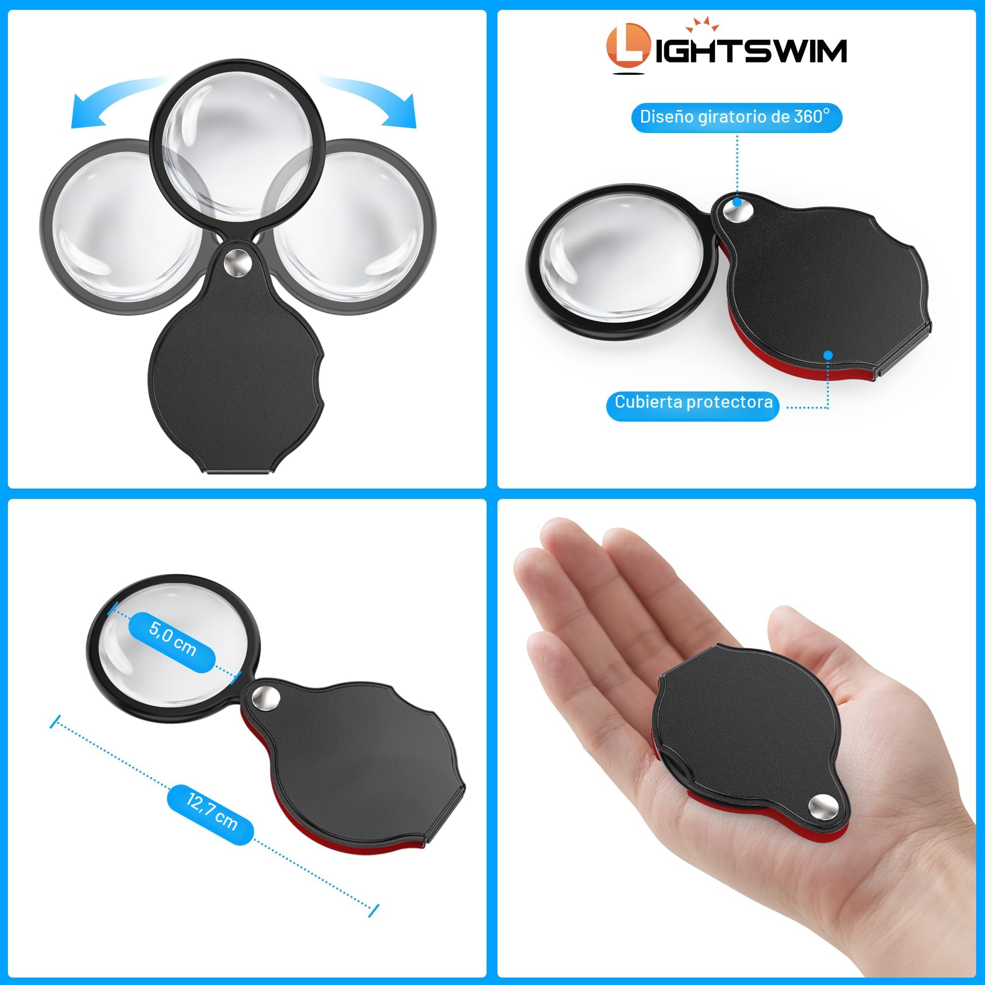 Lupa de cuello con luz para trabajo de cerca, lupa de 138 mm 5X de mano iluminada para leer libros, incluye 2 piezas de lupas pequeñas de 10X mejoradas con funda protectora, ideal para reparaciones