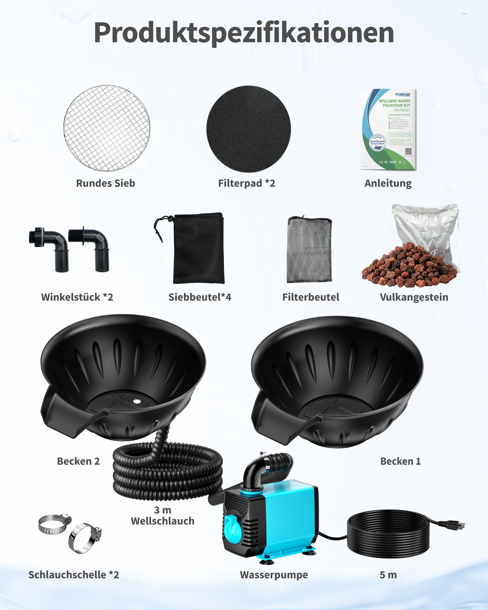 POPOSOAP Kit de Cuenco y Depósito para Desagüe, Fuente con Bomba de Estanque 2500 L/h para Cascadas, Característica de Agua DIY Interior/Exterior para Jardín y Estanque