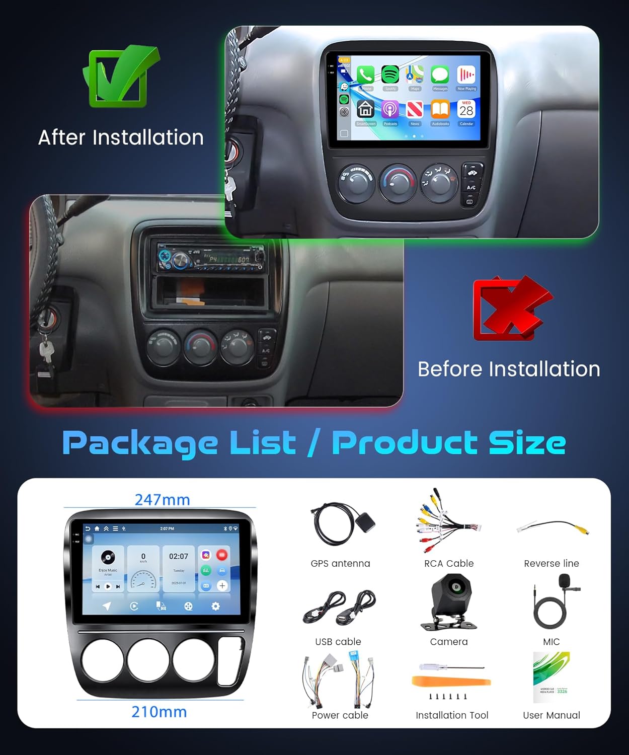 4+64G Android 15 Car Stereo Radio for Honda CRV 1997-2001 with Wireless Carplay Android Auto, 9'' in-Cell Screen Head Unit with GPS/Bluetooth 5.0/FM RDS/EQ/Wi-Fi Mirror Link Backup Camera SWC
