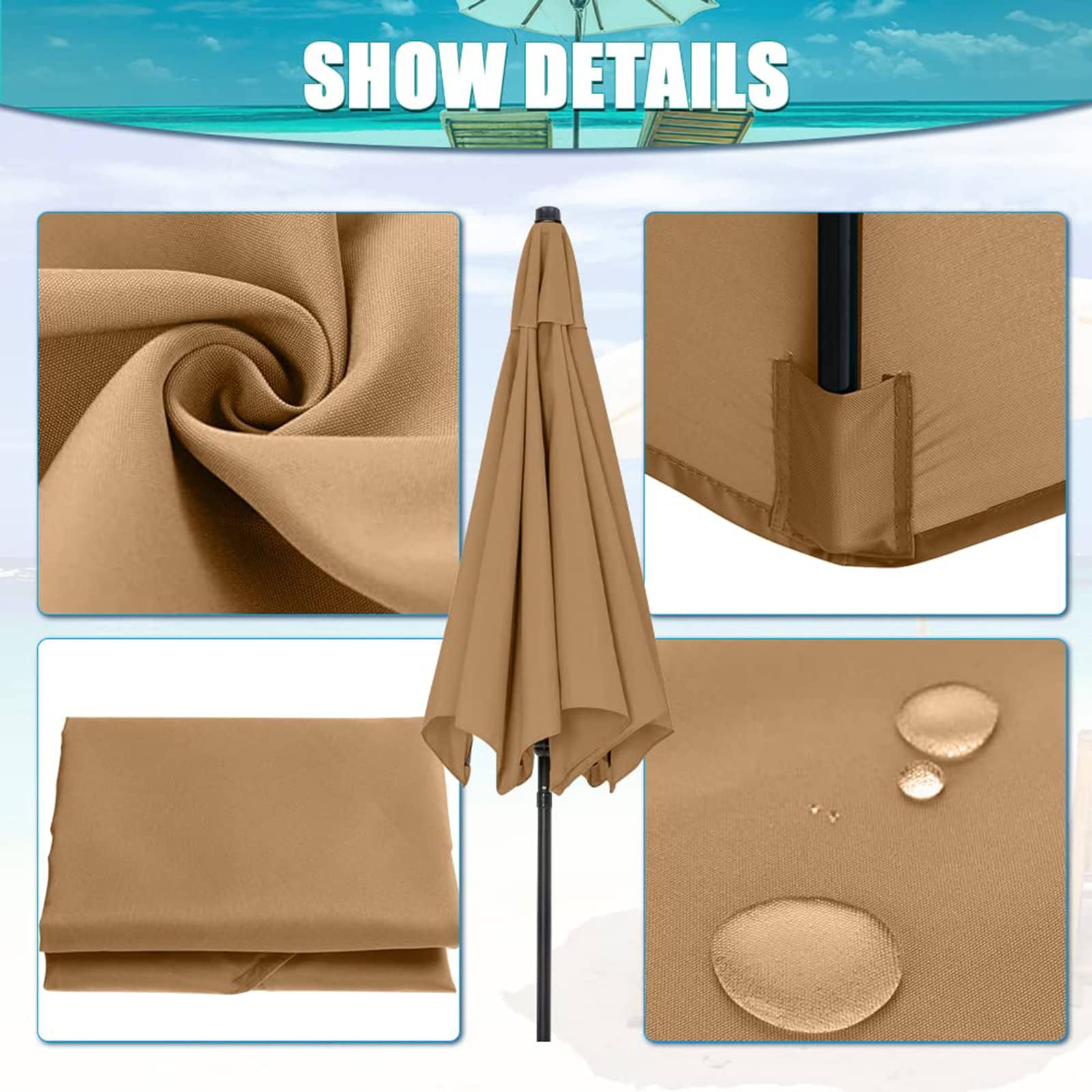 2.7 M Sostituzione Panno Ombrello, 6 Braccia Sostituzione Ombrellone Giardino Patio Tessuto Copertura Baldacchino, Parasole A Sbalzo Top Tessuto Copertura Parasole Pann(Size:2.7M - 6Ribs,Color:cachi