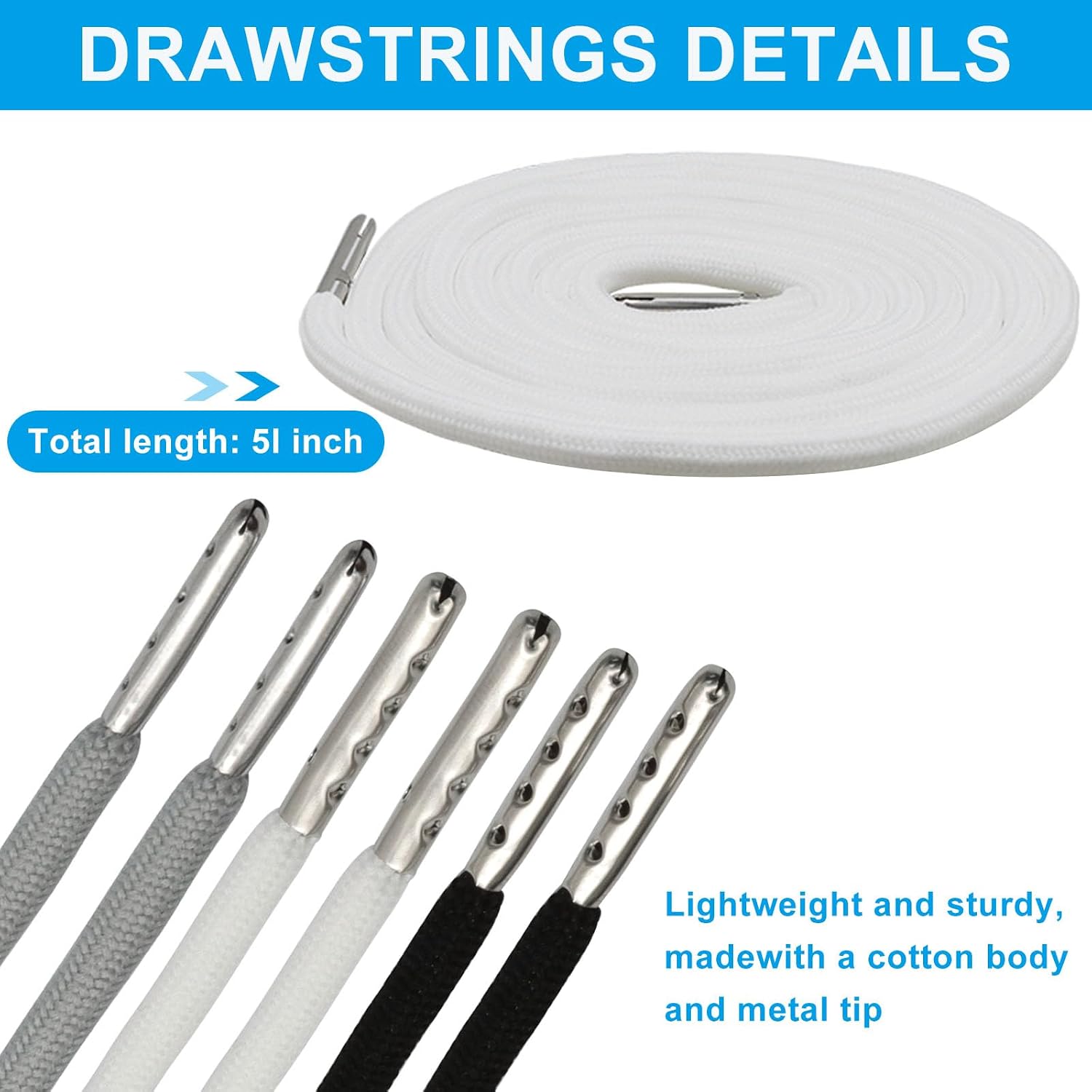12 Pcs Drawstring Cord, Replacement Hoodie Strings with Threader Tool, Easy Threaders for Sweatpants/Pants (Black & White & Grey)