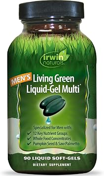 Irwin Naturals Mens Living Green Liquid-Gel Multi - 70 Essential Nutrients, Full-Spectrum Vitamin Supplements for Men, Wholefood Blend - Promotes Brain & Adrenal Support - 90 Liquid Soft-Gels