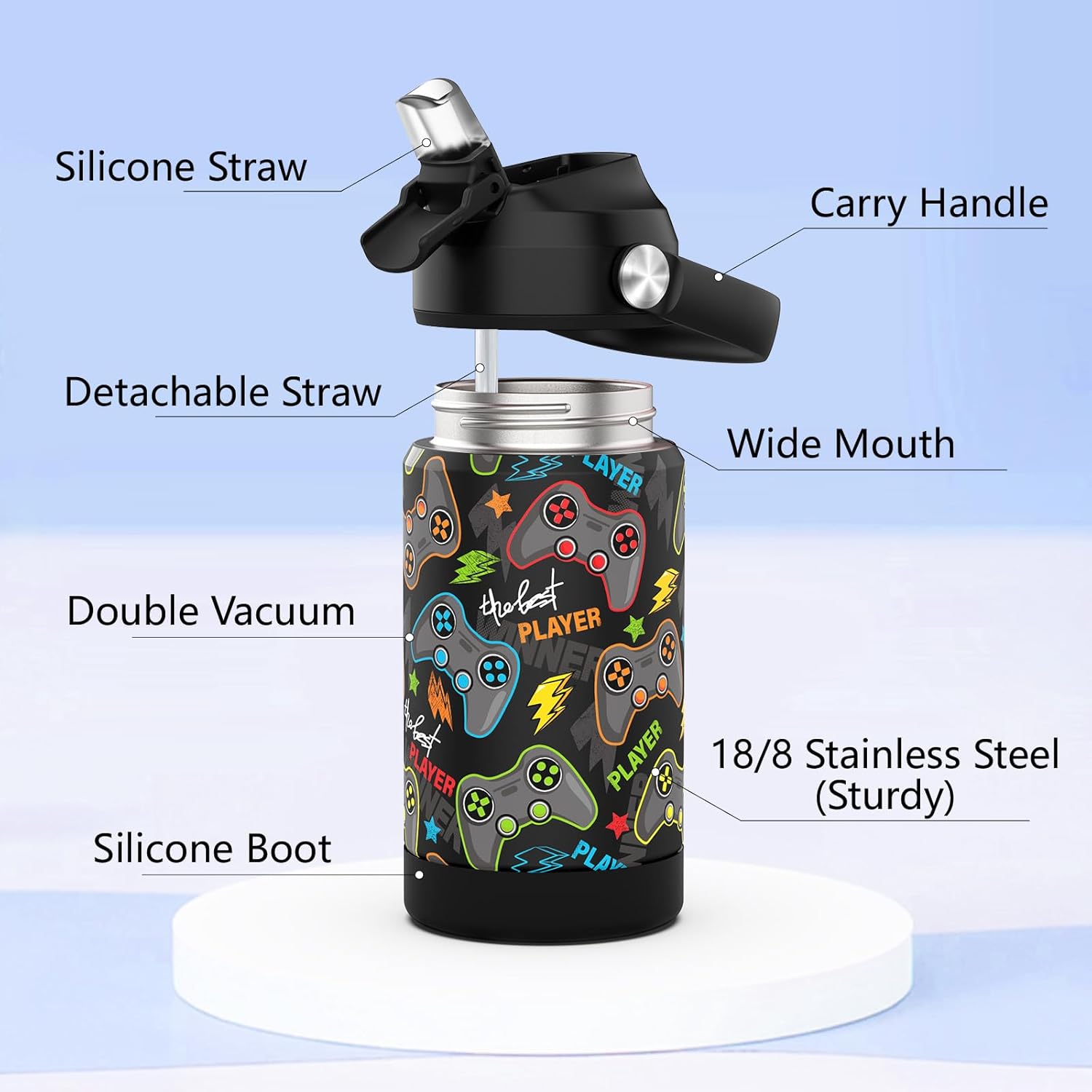 Boys Insulated Water Bottle with Straw,12 oz Kids Cups with Stainless Steel Leak Proof for School Daycare(Game) - Image 4