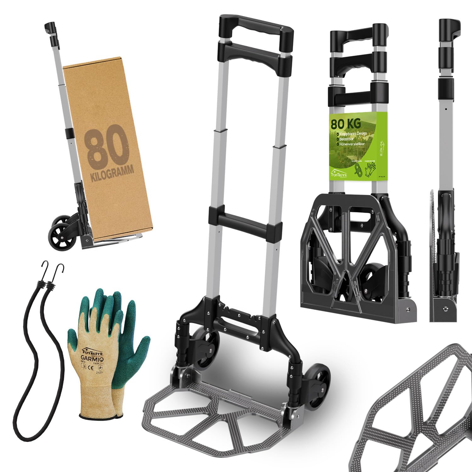 Tronitechnik® Sackkarre Handkarre klappbar, Transportkarre bis 80kg, Klappwagen - Karre für Pakete, Transportwagen für Pakete, Gepäck und Einkauf - Vollgummireifen, höhenverstellbar
