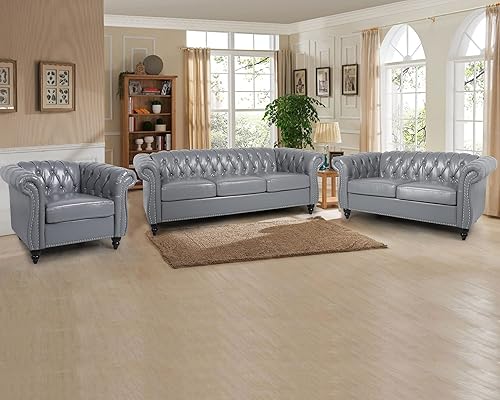 Miniatura 3 de RARZOE Juego de 2 muebles de sala de estar, moderno y contemporáneo con botones copetudos de piel sintética y sofá de dos plazas Chesterfield con