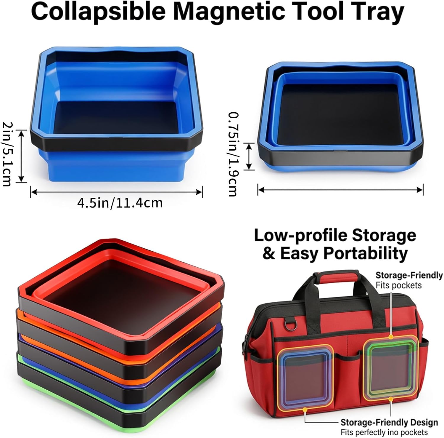 4 Pack Foldable Magnetic Tray Set, 4.5 Inch Square Silicone Magnetic Parts Tray with Dual-Sided Base, Foldable Magnet Trays for Screws Bolts Nuts Washers Pins & Small Metal Parts