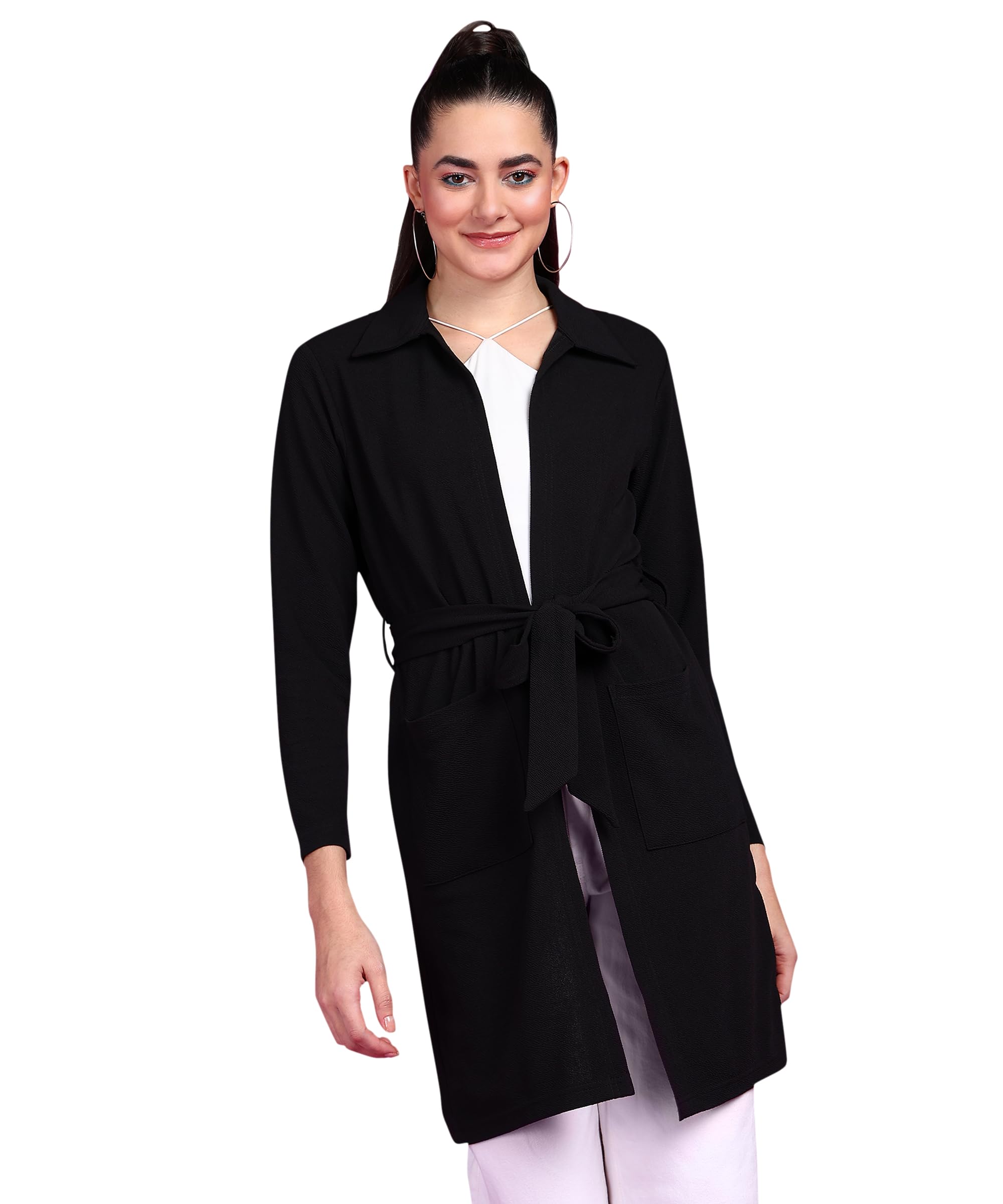 popwings Women Casual Black Solid Belt Closure Long Shrug | Trendy and Stylish-picture-34