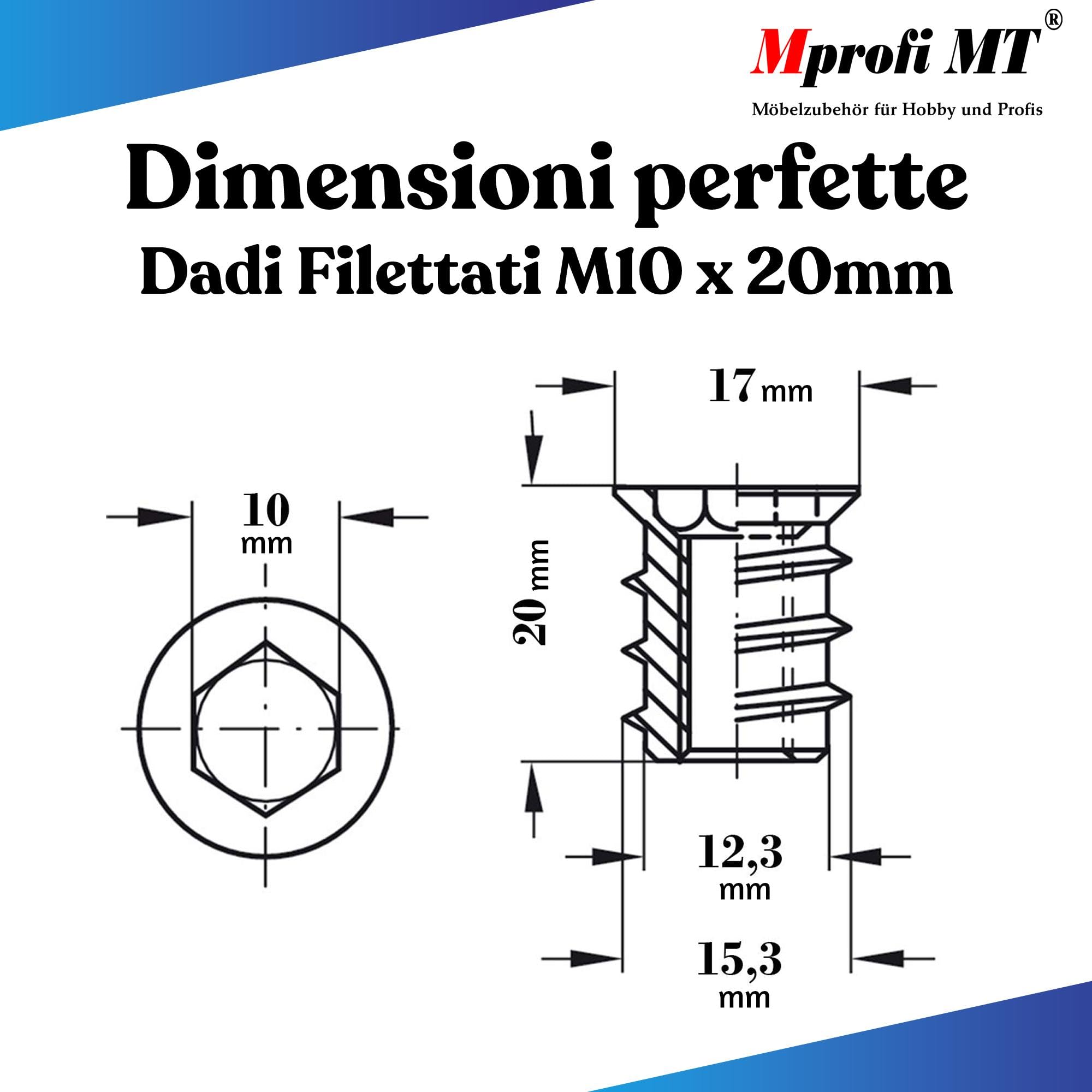 Mprofi MT® 10 Pezzi | Dado Esagonale Inserti M10 x 20mm | Inserti Filettati | Manicotti Filettati | Inserto in Legno per Dadi | per Mobili in Legno | Dado a Vite con Chiave Esagonale