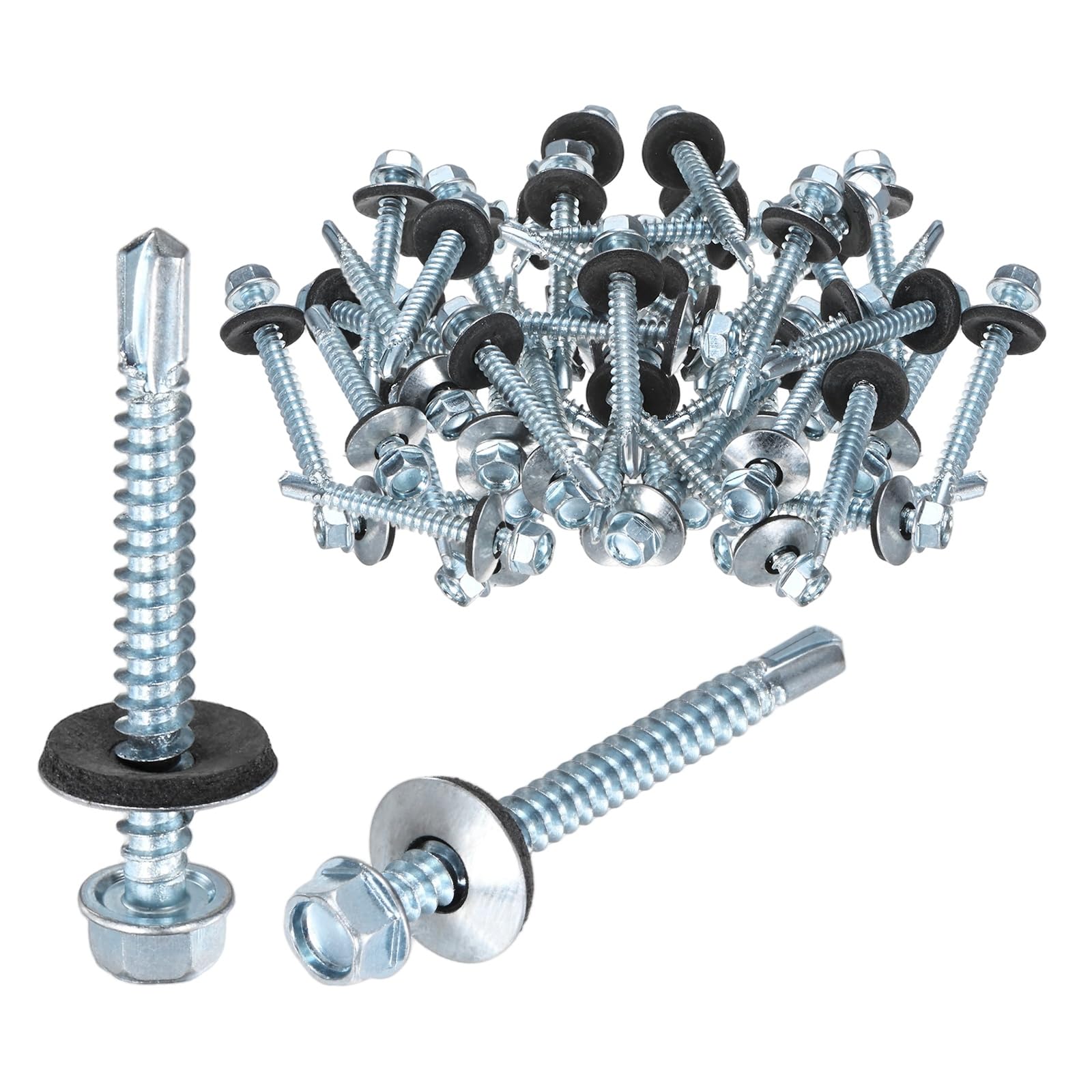 M METERXITY 50-Pack Self Drilling Screws with Rubber Washer M5.5 x 50mm Zinc Plated Carbon Steel Hex Head Self-Tapping Screws for Metal Roofing/Siding Panels/Steel Structures