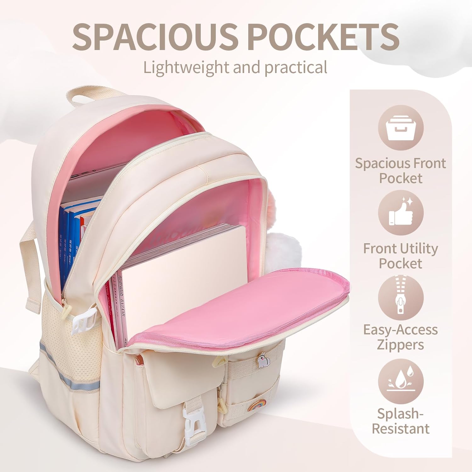 Girls Backpack Student Laptop Book Bag with Multiple Pockets for Teen Kids Elementary Middle School Travel Daypack Beige - Image 2