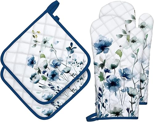 Miniatura 11 de Juego de 4 manoplas de horno y soportes para ollas de mármol de oro blanco, 100% algodón, resistentes al calor, guantes de horno extra largos para