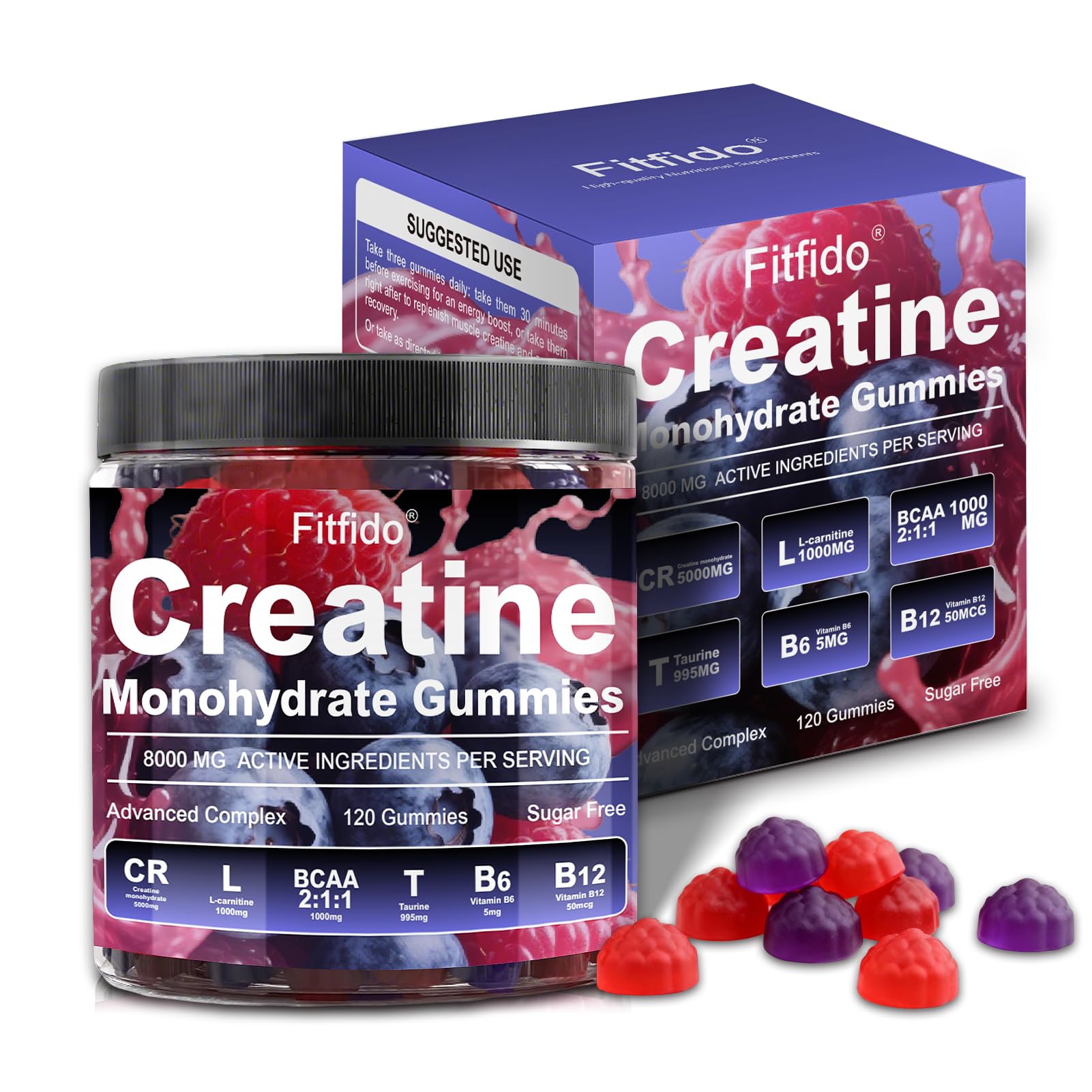 Creatine Monohydrate Gummies Complex 8000mg for Men and Women, Containing L-carnitine & Taurine, Build Muscle, Boost Energy, Faster Recovery, Sugar
