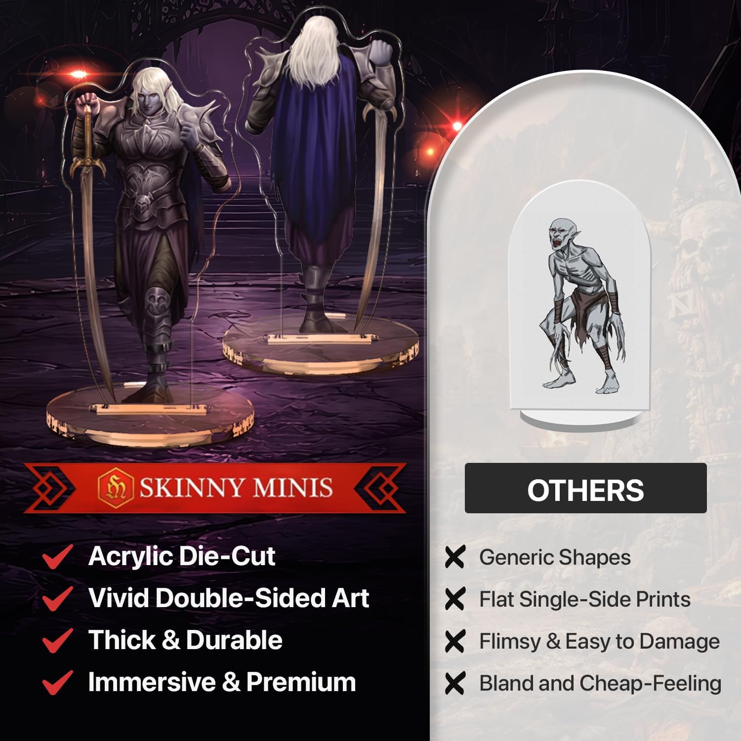 Skinny Minis Drow Villains Miniatures Set, 12 Double-Sided Flat Minis, 2D NPC Minis for Tabletop Game, DND Compatible, 5e &Pathfinder Miniatures for TTRPG