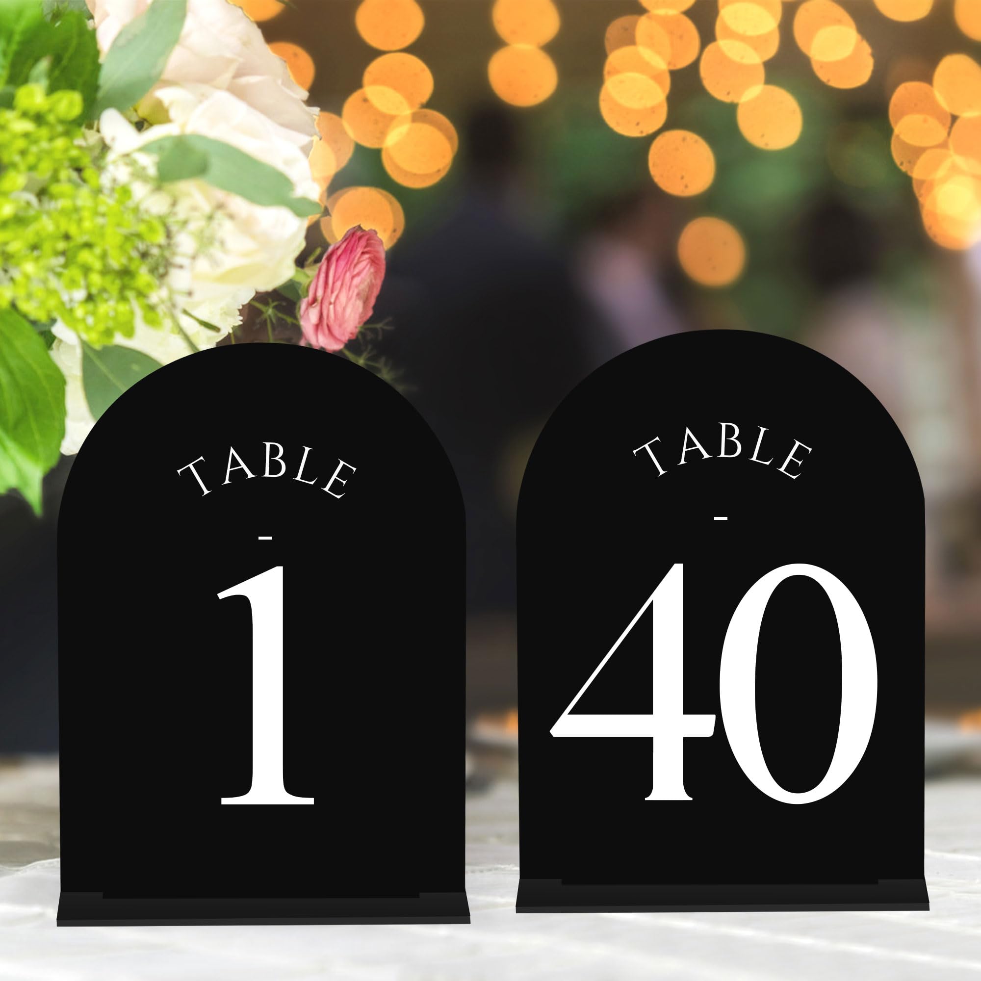 Photo 1 of ***PARTIAL SET/MISSING 2 NUMBERS*** JOYIT Arch Wedding Table Numbers 1-40 with Stands – Double-Sided Printed 5" X 7" Acrylic Table Signs with Black Background White Text, Perfect Acrylic Table Numbers for Wedding Receptions, Parties, Anniversaries, and Ev