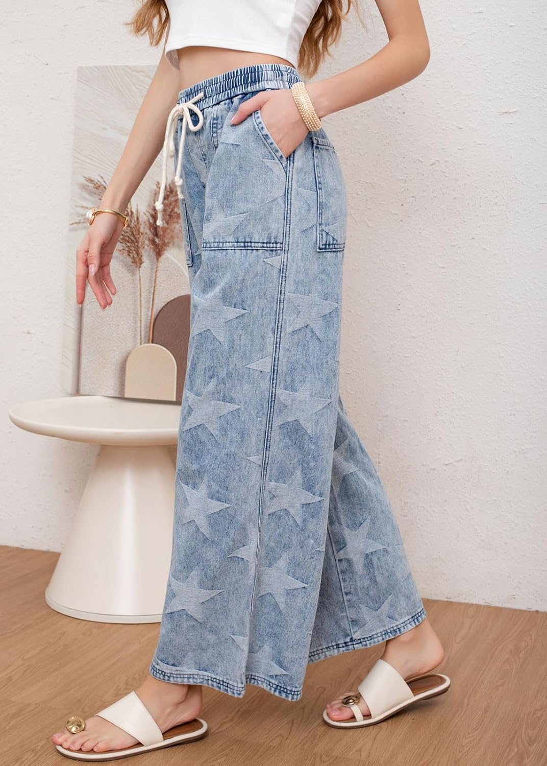 CHARTOU Women Baggy Wide Leg Drawstring Jeans Flare Elastic High Waist Star Printed Jeans Loose Denim Pants - Image 6