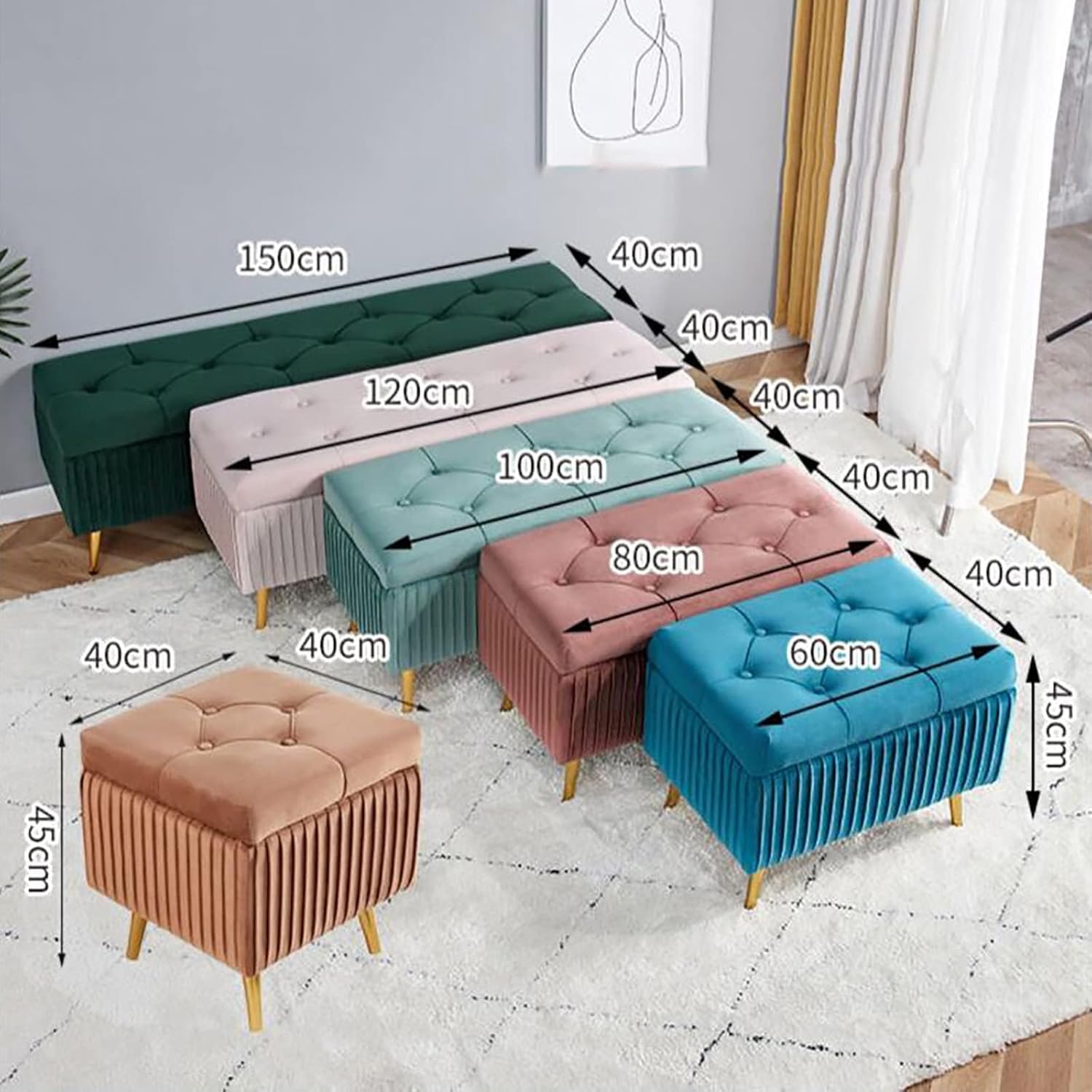 Pouf per Panca Portaoggetti in Velluto con Gambe in Metallo Dorato - Pouf Poggiapiedi Trapuntato con Bottone con Contenitore per Soggiorno Camera da Letto - in, Green a, 80x40x45cm(31x16x18inch)
