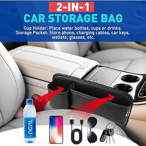 Miniatura 3 de Bolsa de cuero para portavasos de automóvil, organizador universal para llenar huecos para asiento de automóvil con soporte para tazas, caja de