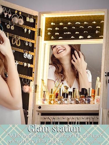 Miniatura 2 de LUXFURNI Armario de joyería con luz LED, espejo de pie, organizador de almacenamiento grande con cerradura y cajones (natural)