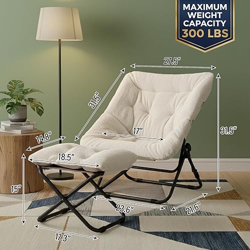 Miniatura 3 de Tiita Silla plegable con otomana recta, silla plegable de gran tamaño de piel sintética suave, silla perezosa, silla de luna con marco de metal para