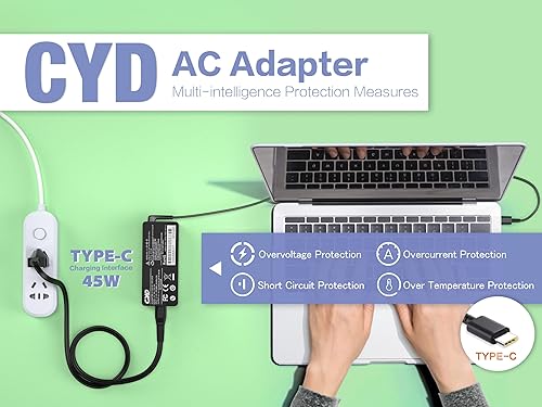 Miniatura 6 de CYD Cargador para portátil de 45 W USB C compatible con Lenovo Laptop Thinkpad E480 E485 E490 E490s E580 E585 E590 E595 L380 L390 T480s T490 T490s