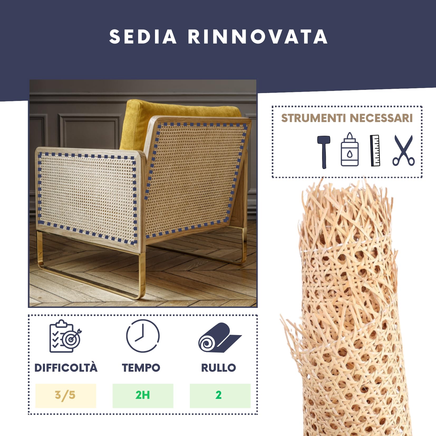 Rotolo di Rattan Naturale per la Riparazione e Il Restauro di Mobili e Sedie, Perfetto per i Tuoi Progetti DIY e Artigianali (60x100 CM) Materiale di Rattan Versatile e Resistente