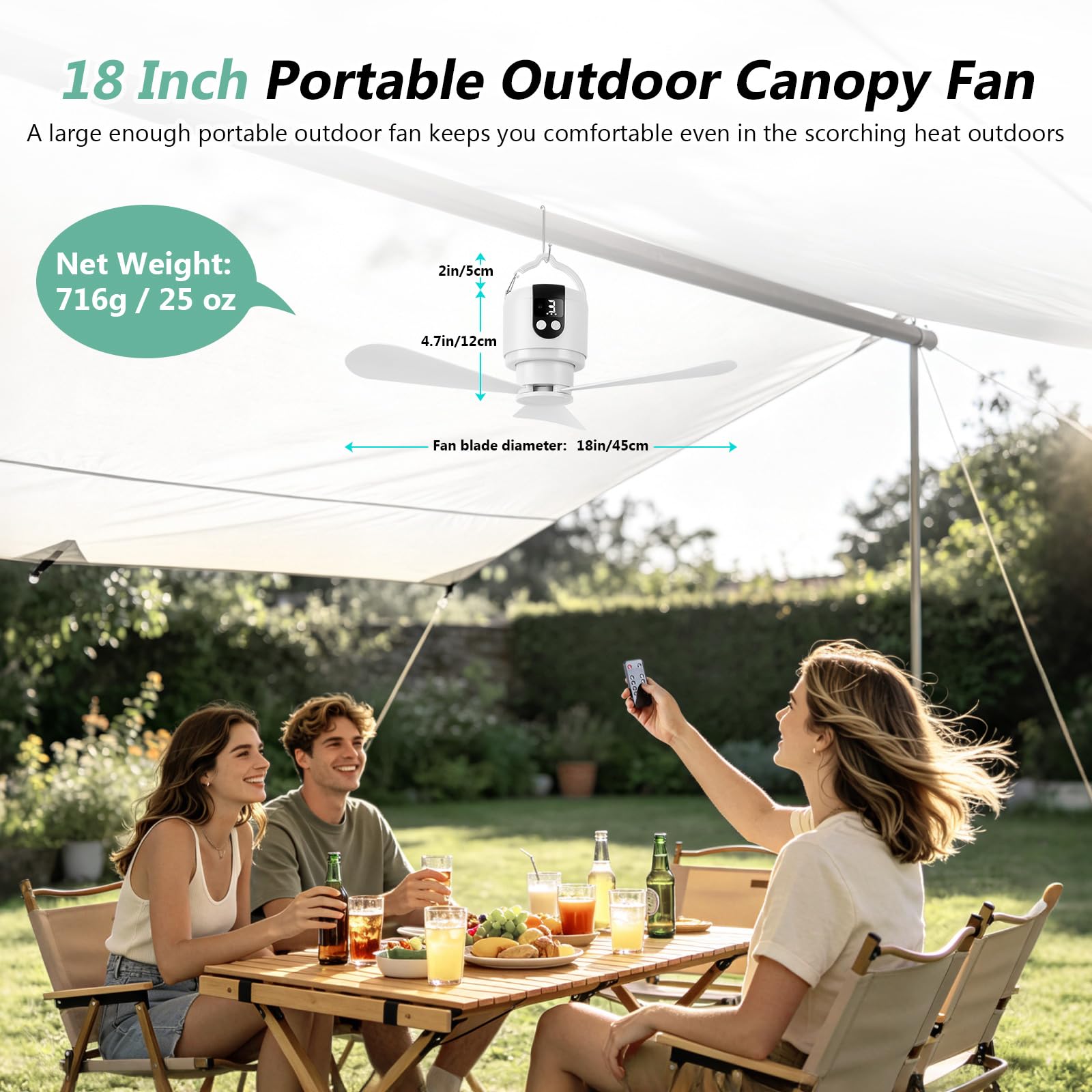 YISUN Ventilador de Camping con Luz LED,15600mAh Recargable por USB, Portátil con Mando a Distancia,Temporizador,3 Velocidades,Para Tiendas de Campaña,Habitaciones,Caravanas