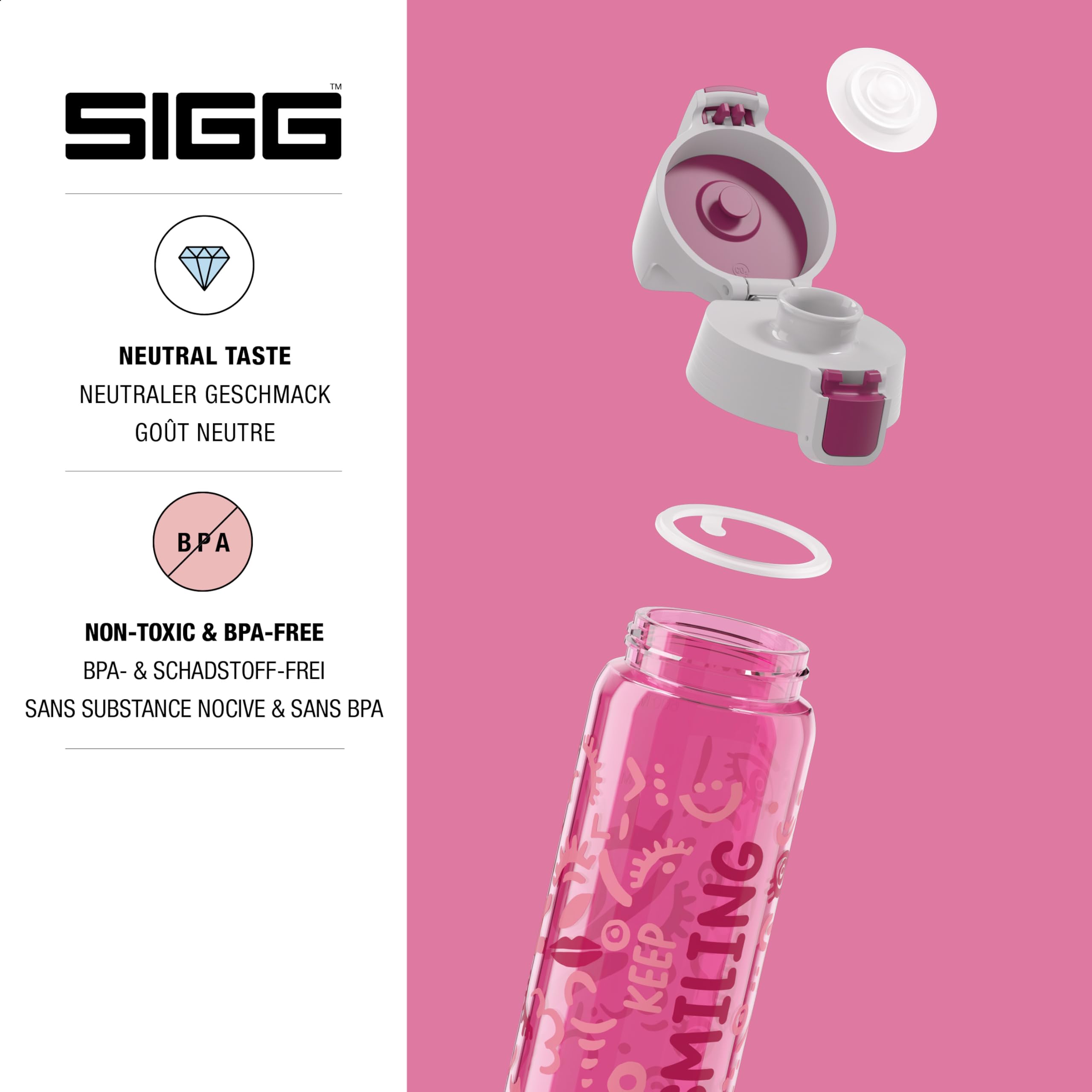 SIGG - Butelka na napoje Tritan – Total Color ONE Keep Smiling – nadaje się do napojów gazowanych – nadaje się do mycia w zmywarce – szczelna – lekka, nie zawiera BPA, kolor różowy, 0,6 l