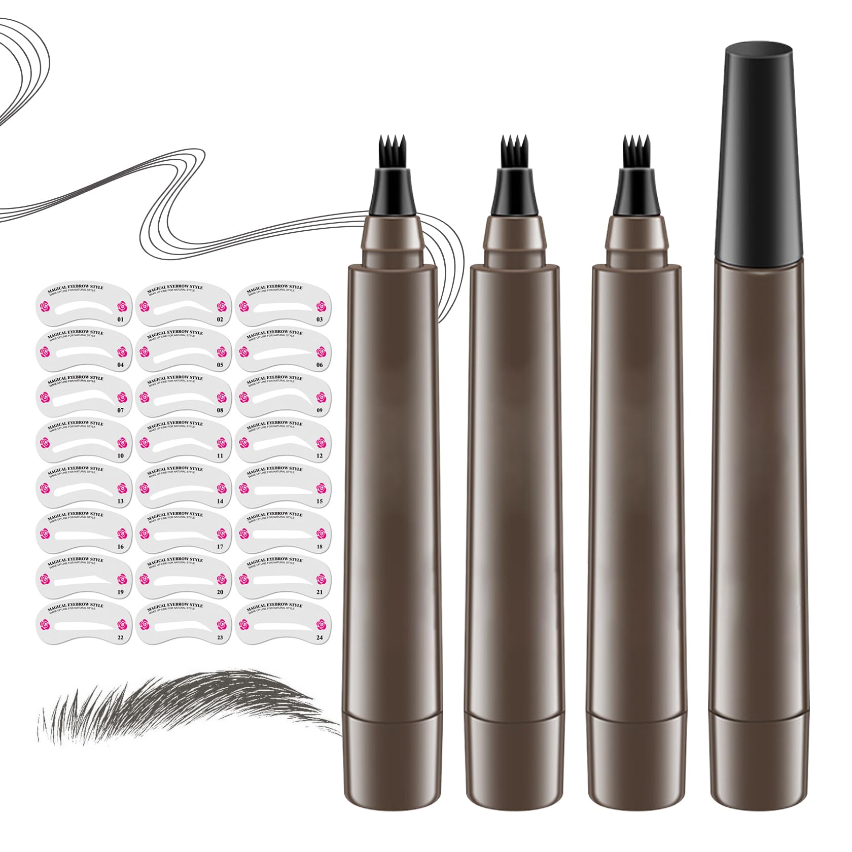 3Pcs Eyebrow Tattoo Pen,Waterproof 4 Point Eyebrow Makeup Pencil,Microblading Eye Brow Pencils for Women,Lasting Smudge-proof Highly Pigmented Brow Pen with 24Pcs Eyebrow Stencils(Grey)