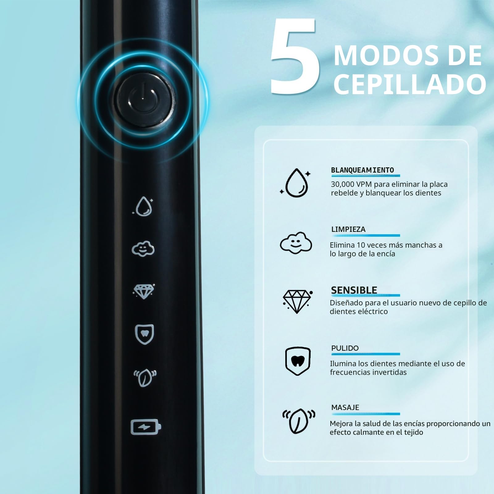 Cepillo de dientes eléctrico sónico, cepillo de dientes recargable con 6 cabezales de cepillo Dupont, con temporizador inteligente de 2 minutos, 5 modos con blanqueamiento dental, regalo para la