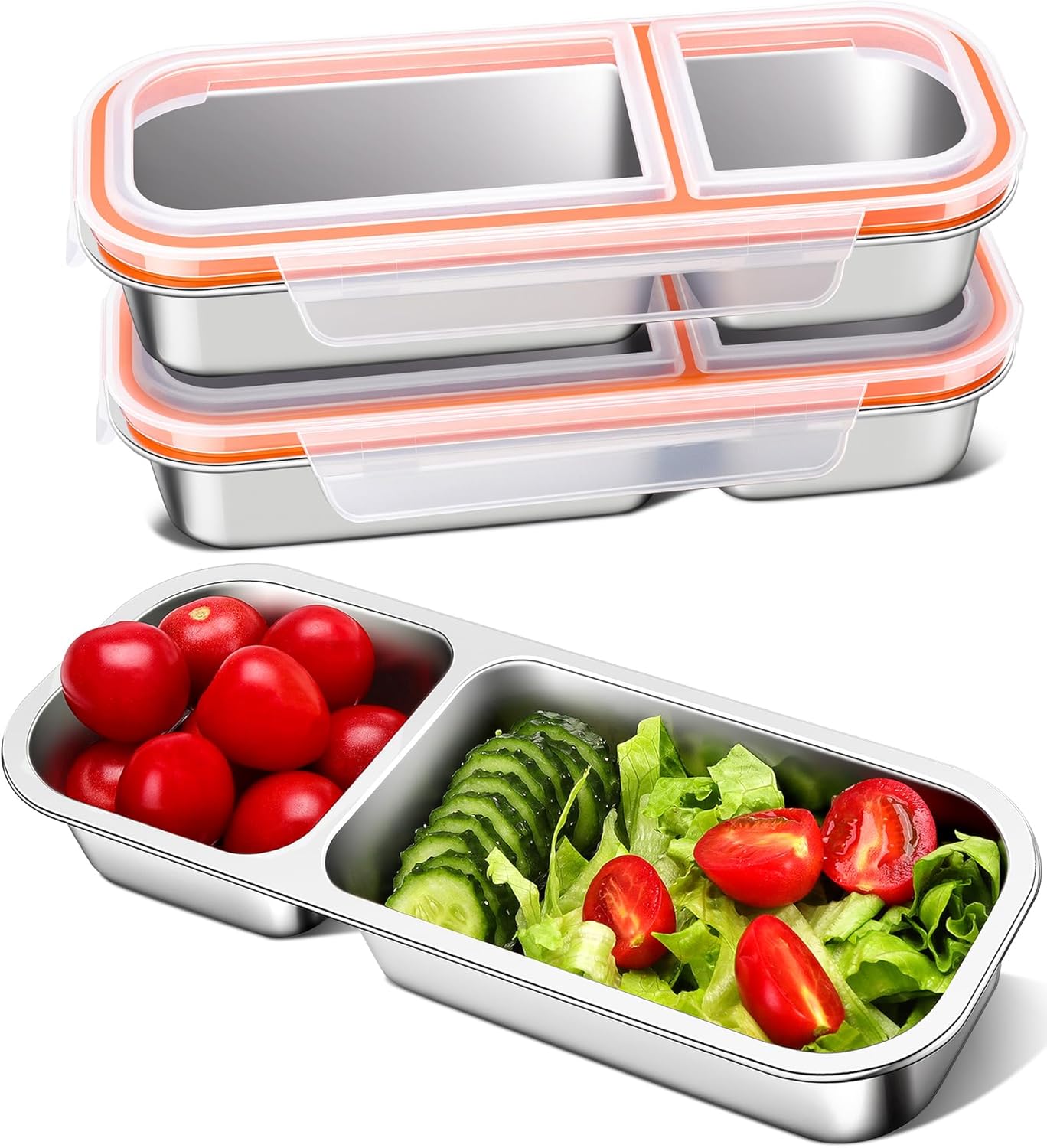 KTKUDY 3 Pack Stainless Steel Snack Containers for Kids & Adults - Leak-Proof 2-Compartment Stackable Snack Lunch Boxes for Daycare, School, Work & Travel
