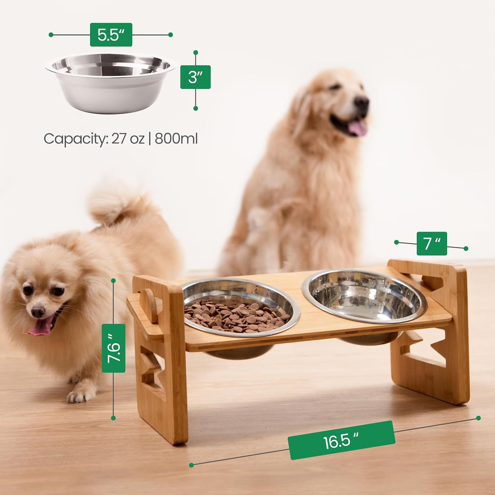 Gamelles surélevées pour chien, gamelles surélevées en bambou avec 2 gamelles pour chien en acier inoxydable, mangeoire surélevée et inclinée pour animaux de compagnie, réglable à 6 hauteurs