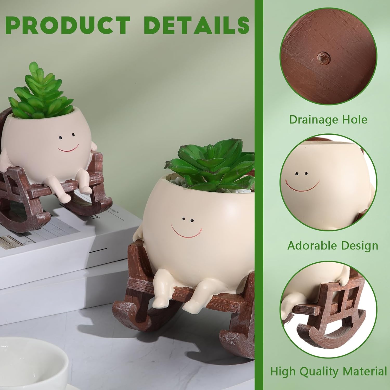 Honeydak 2 Pcs Face Flower Pots Cute Resin Flower Pots for Indoor Outdoor Funny Sit Rocking Chair Succulent Pots with Drainage Hole for Christmas Birthday Mother's Day Gift Decoration