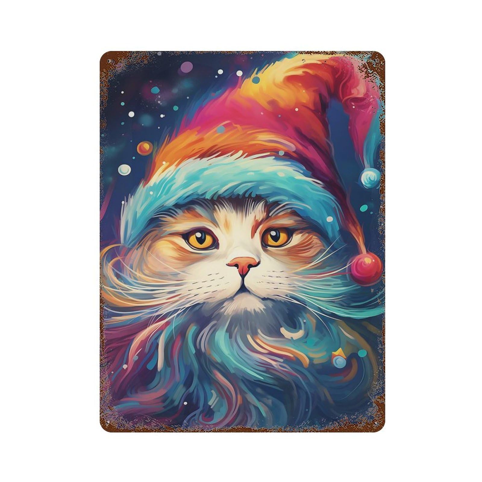 Cat in Santa Hat Rust Effect Tin Sign 15.7"x11.8", Ideal for Garage, Bar And Workshop Decor