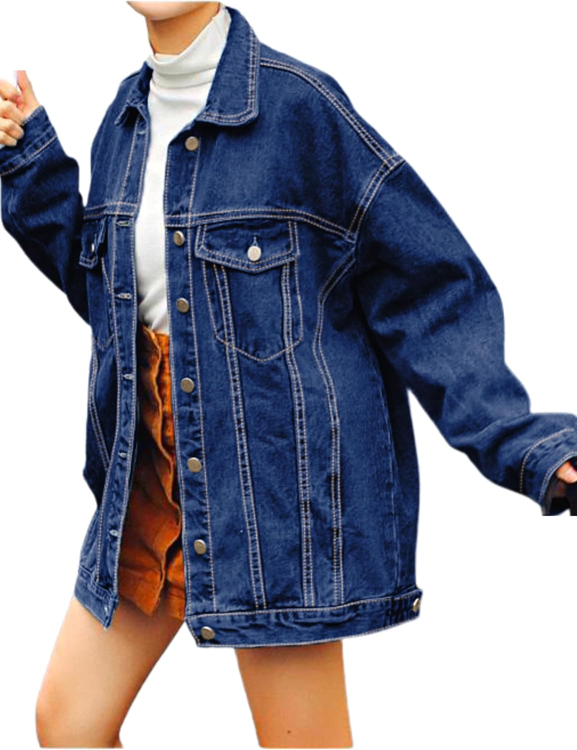 Gozoloma Women's Casual Loose Oversized Denim Jacket Long Sleeved Button Jean Jacket Coat Tops