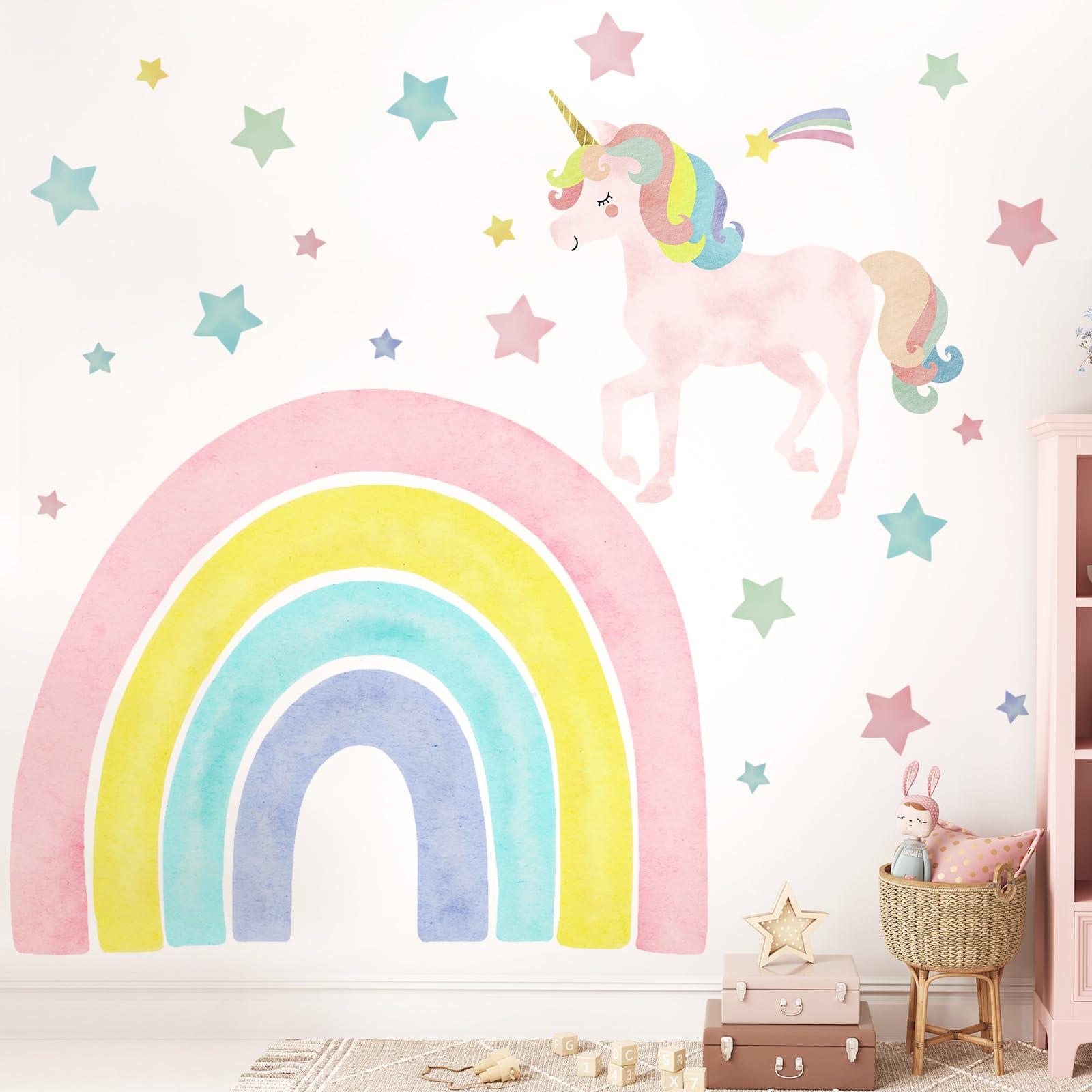 Affrolling Unicorn Wall Decals 36 x 36 Inch Large Rainbow Wall Decal with Star Pastel Rainbow Decor Cool for School Waterproof Peel Stick for Girl