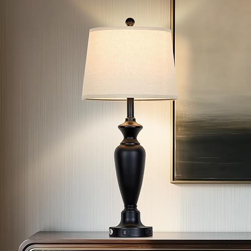 Vista 10 de Juego de 2 lámparas de mesa de metal de 30 pulgadas de alto, lámparas de mesita de noche con control táctil para dormitorio, lámpara de estilo Verde