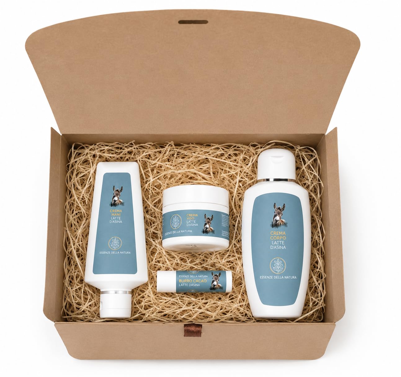 Cofanetto Box Regalo Creme Idratanti Artigianali Naturali al latte d'Asina - Crema Viso, Crema Corpo, Crema Mani e Stick Labbra - Set completo di prodotti per la cura delle pelle - Made in Italy