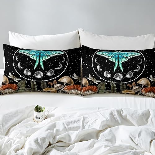 Miniatura 5 de Erosebridal Juego de sábanas de mariposa azul tamaño matrimonial, sábanas de hongos de polilla de libélula de la polilla, sábana encimera de cielo