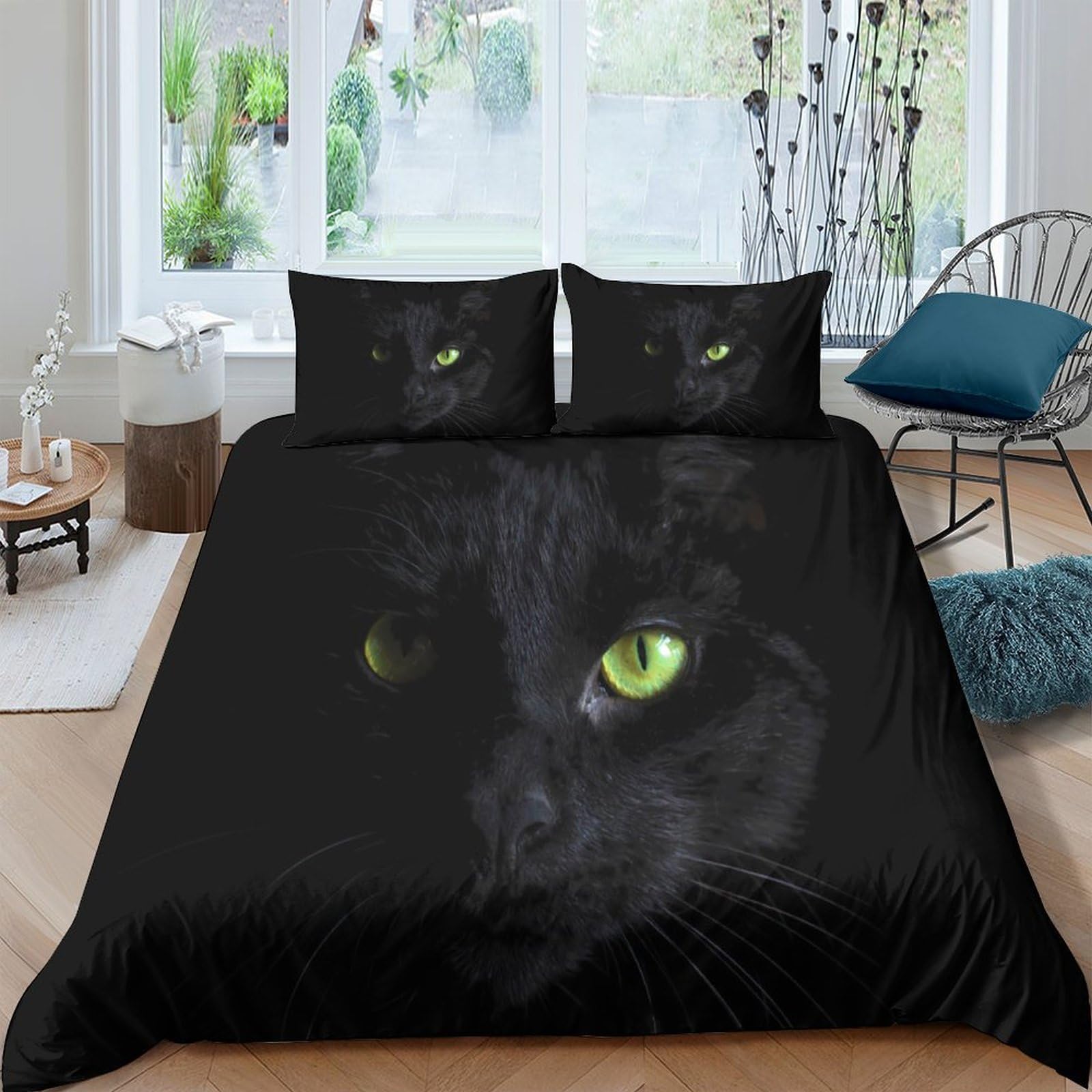 Ctjqhvkz Style-3 3D Printed Black Cat Fitted Sheet Microfiber Soft Green Eyes Bed Cover For Bedroom Guest Room Mattress Decor Single（135X200cm）