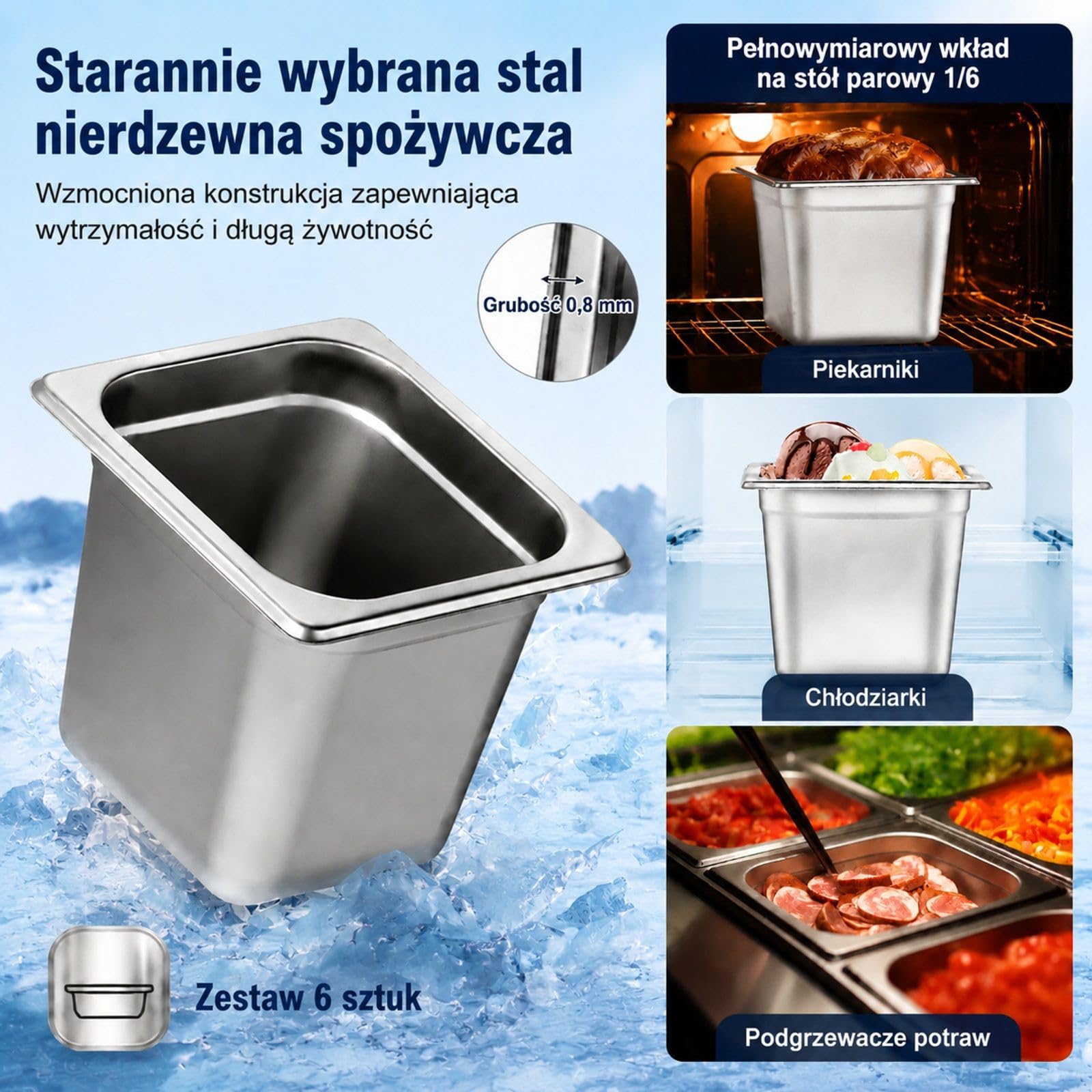 Pojemniki Gastronorm Zestaw 6 Sztuk, Rozmiar 1/6, Stal Nierdzewna 201, 2,42 l, Srebrne, do Bufetu Cateringu Kuchni