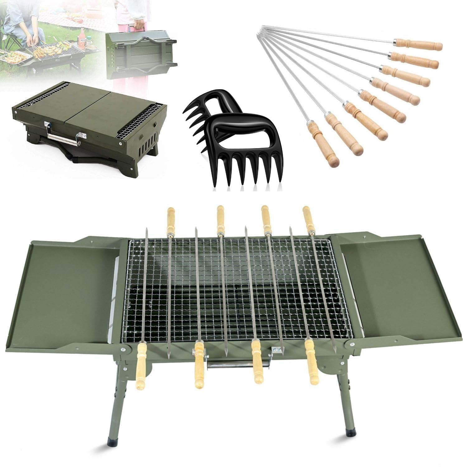 SKYLIGHT Traveler Foldable Charcoal Barbeque Grill With 8 Skewers, Free Standing Portable Backyard Charcoal Tray BBQ Grill Tandoor for Home Outdoor Griller Traveling Camping Hiking Picnics