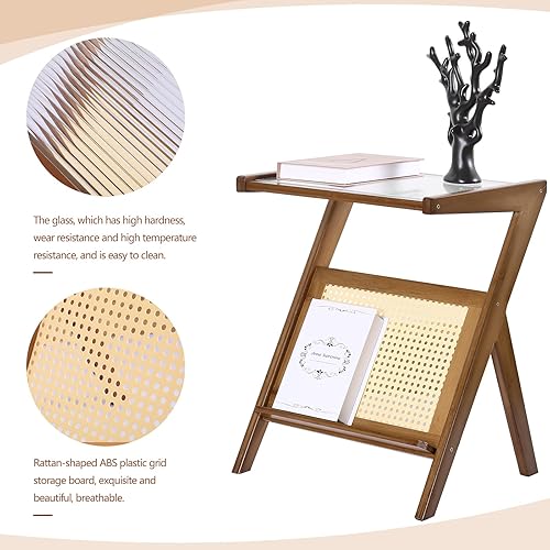 Miniatura 5 de WOOW DEPOT Mesa auxiliar de ratán en forma de Z única con revistero, mesa auxiliar de madera con parte superior de cristal, mesita de noche bohemia