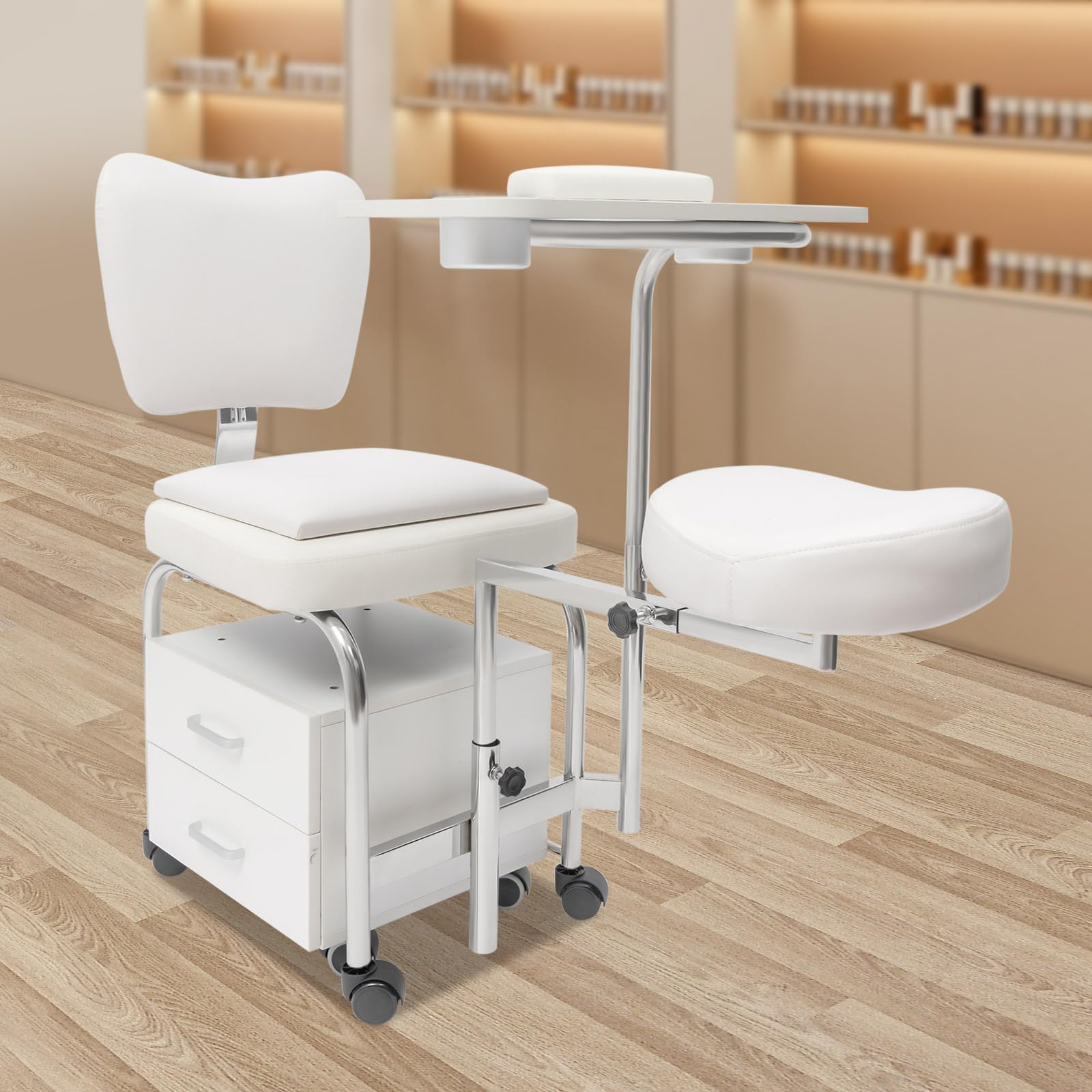 Silla de pedicura y manicura profesional con ruedas giratorias, cajones, ajustable para salones de belleza