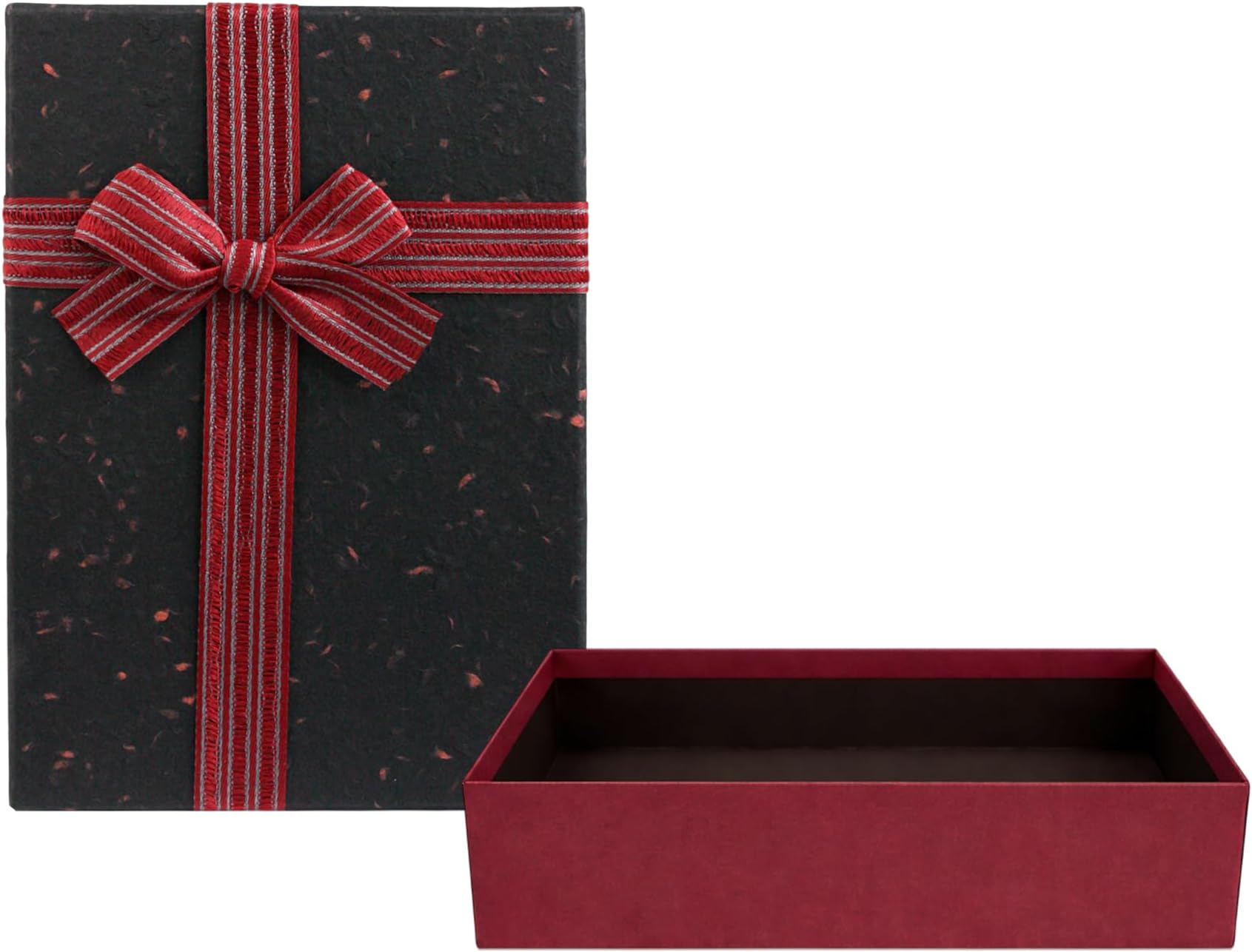 Emartbuy Rigid Gift Box, 33.5 x 25 x 11.5 cm , Textured Burgundy Box with Black Lid, Brown Interior and Striped Decorative Ribbon