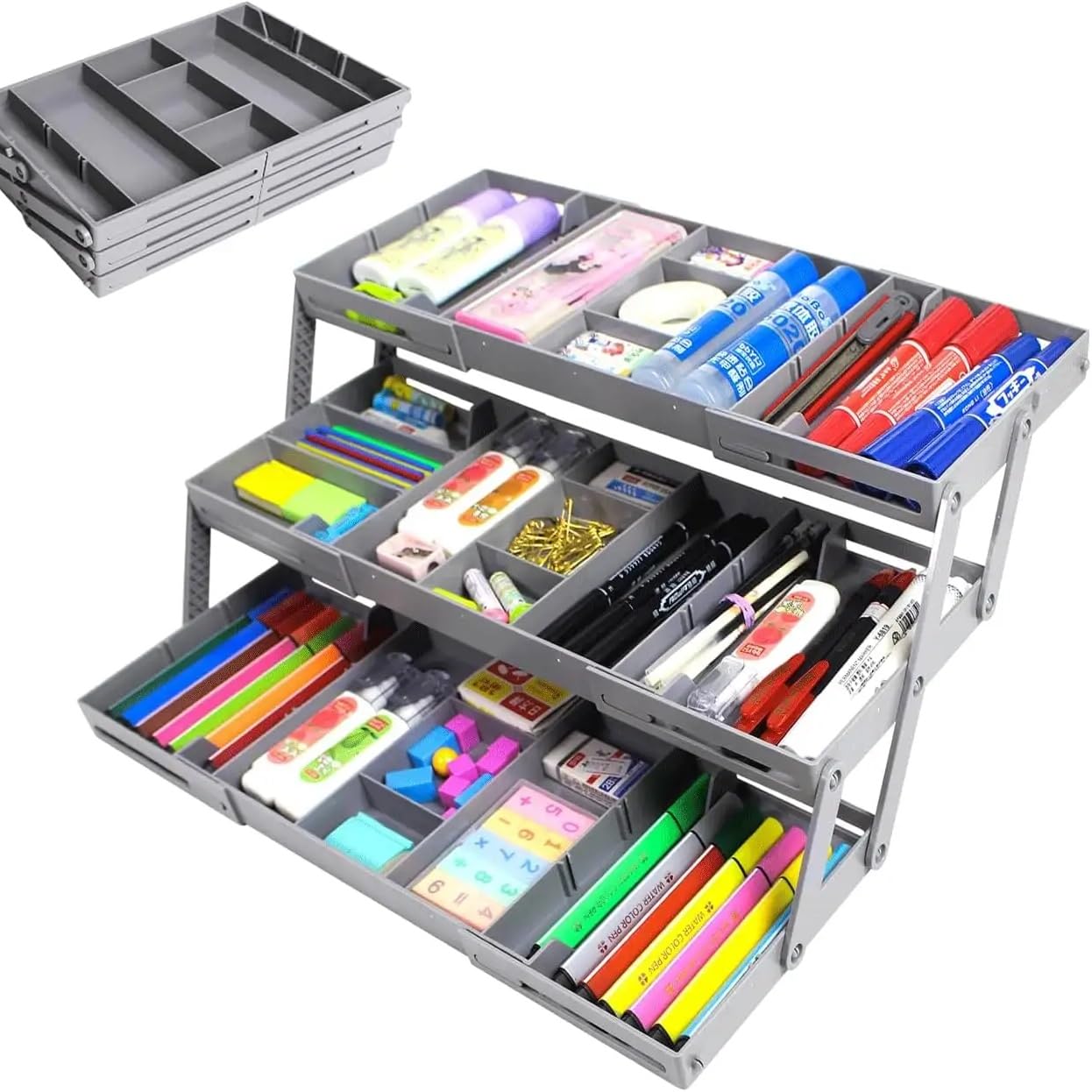 HiSkyline 3 Tier Expandable Multi-Tier Collapsible Drawer Organizer with Adjustable Dividers, Storage Tray for Kitchen, Bathroom, Office, and Jewelry