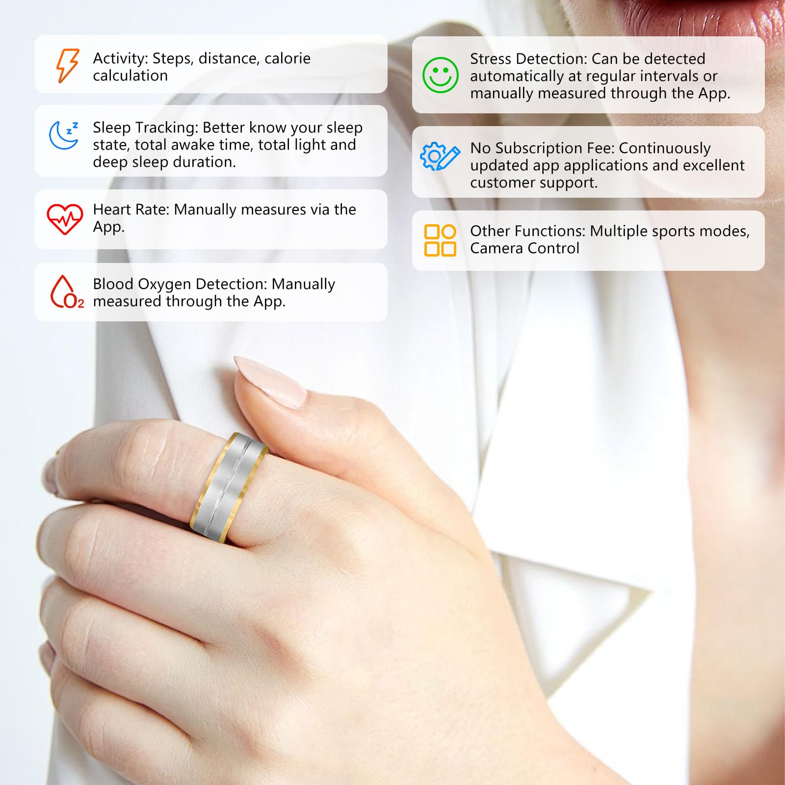 Fitness Tracker Smart Ring,Step Counter,Heart Rate Blood Oxygen Sleep Tracker Health Ring, 6ATM Waterproof Long Battery Life Smart Rings Compatible with iOS & Android ?Silver with Side Gold US10?