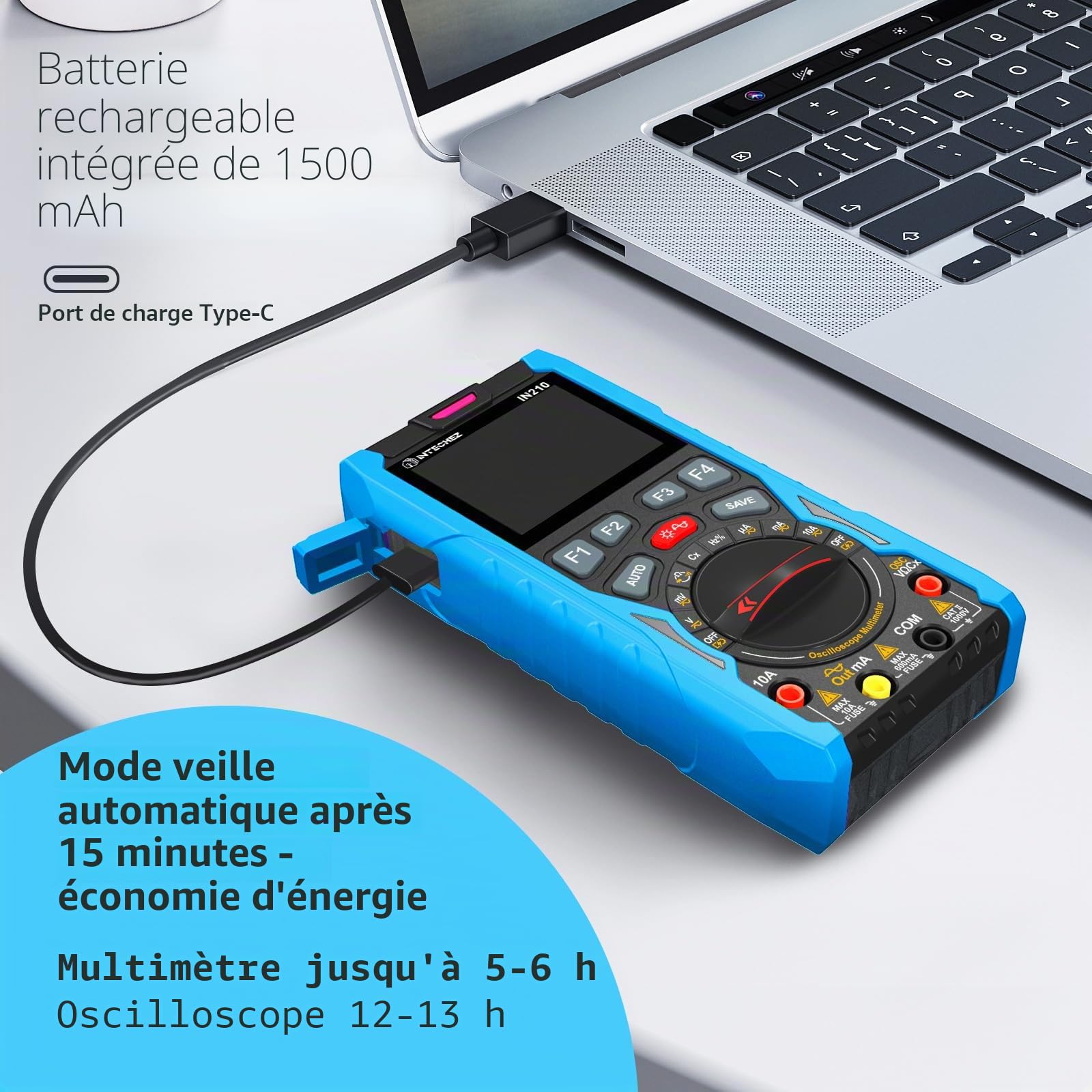 IN210 Multimètre Oscilloscope Numérique – 12MHz, 50Msps,6000 Comptes, True RMS, Générateur de Signaux, Écran 2,4", pour Réparation Électronique, Laboratoire, Bricolage et Formation