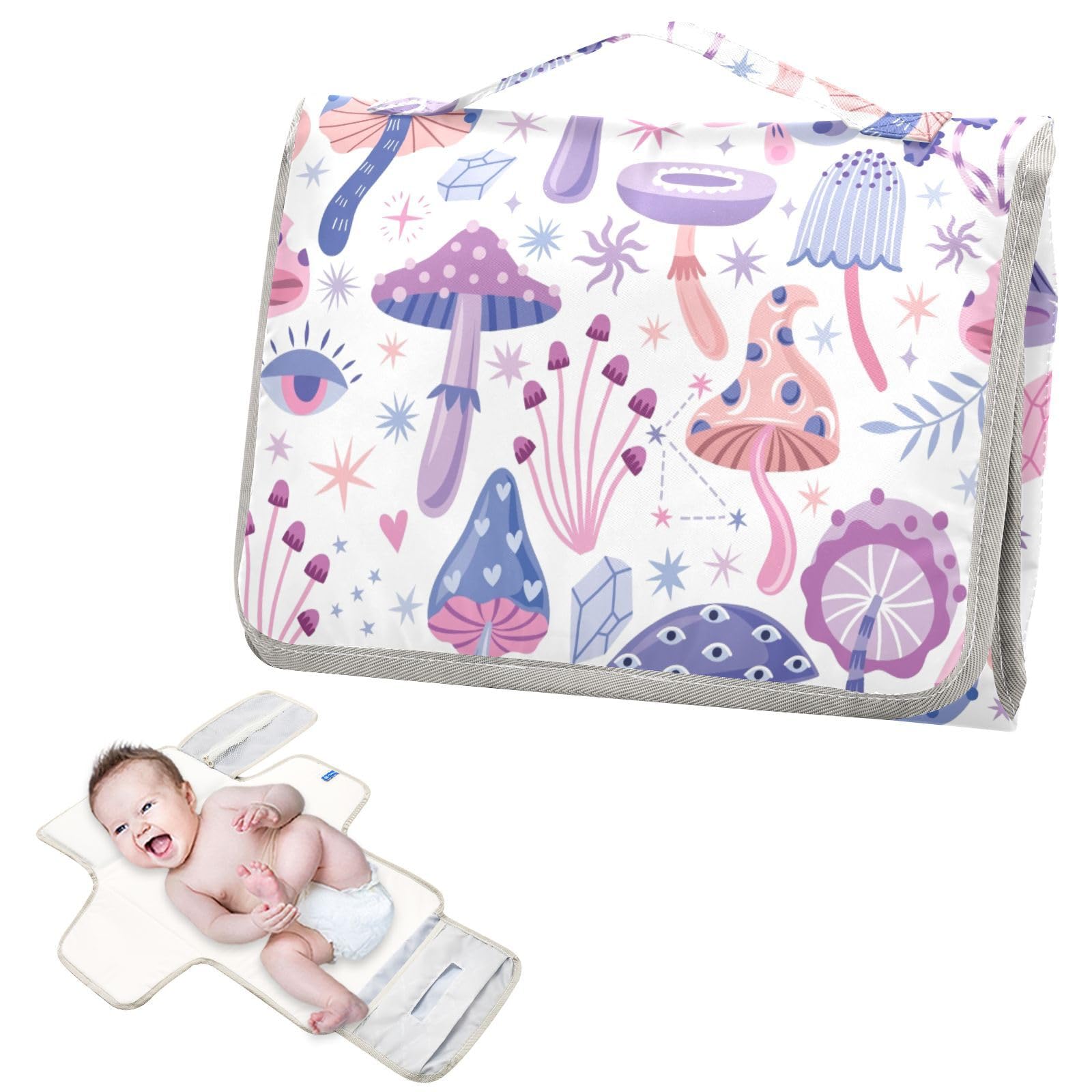 Portable Changing Pad for Baby - Purple Magic Mushrooms Waterproof Diaper Changing Mat Travel Changing Pad with Built-in Pillow - Shower Gift for Baby