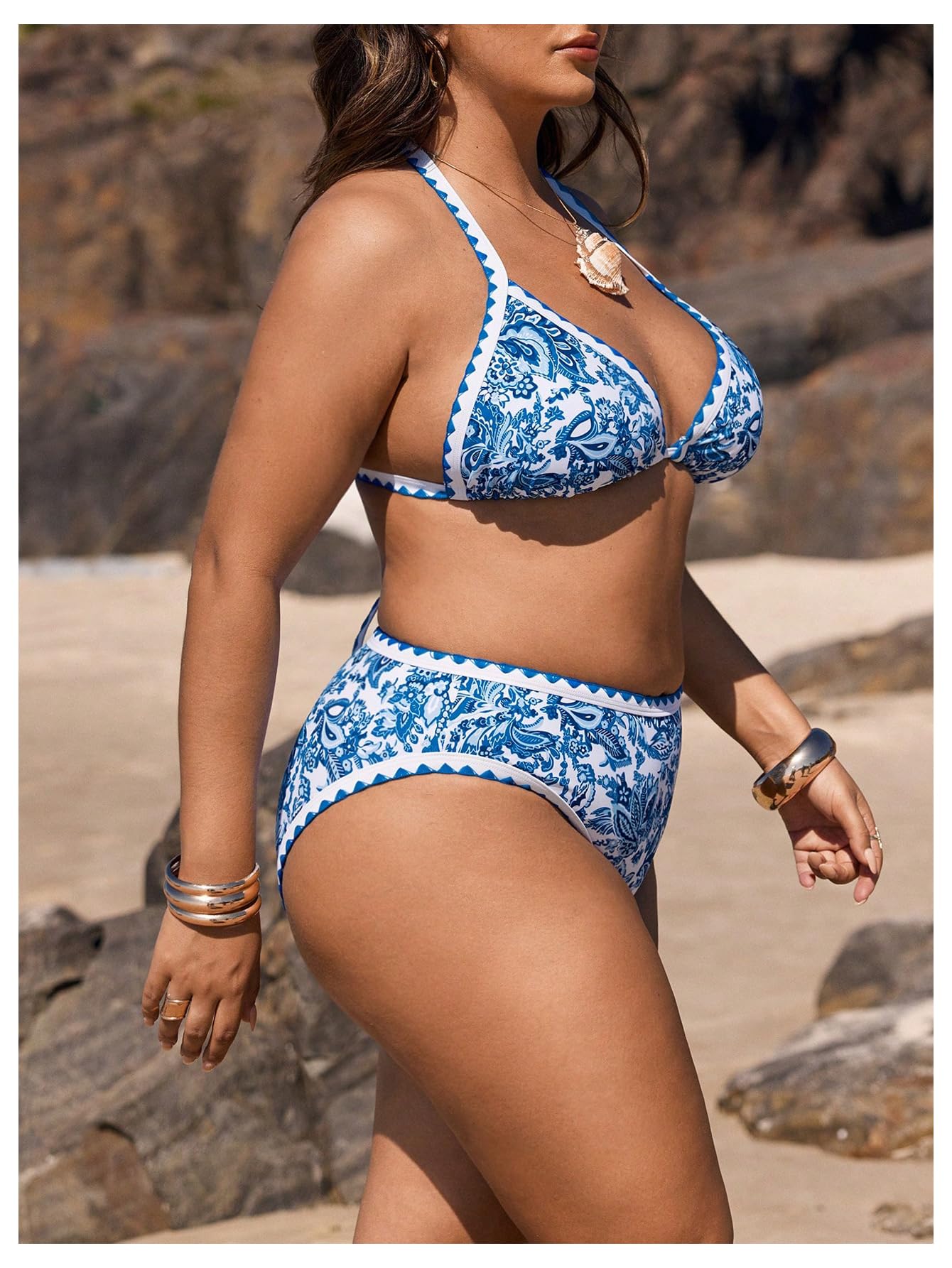 Damskie Bikini Plus Size Z Kwiatowym Nadrukiem 2-częściowy Strój Kąpielowy Trójkątny Wiązany Na Szyi Wysokim Stanem Niebiesko-biały 4XL(Blue and White,X-Large Plus)