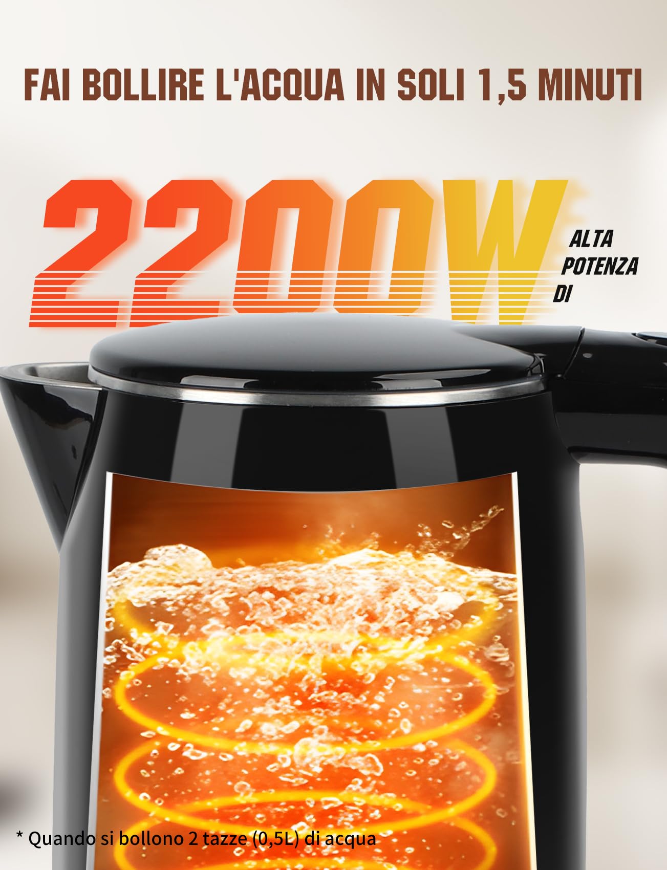 Aigostar Bollitore Elettrico Acciaio Inox Nero 1,7 Litri - Bollitura Rapida Electric Kettle 2200W, Doppio Isolamento, Senza Plastica All'interno, Senza BPA, Visualizzazione del Livello Dell'acqua